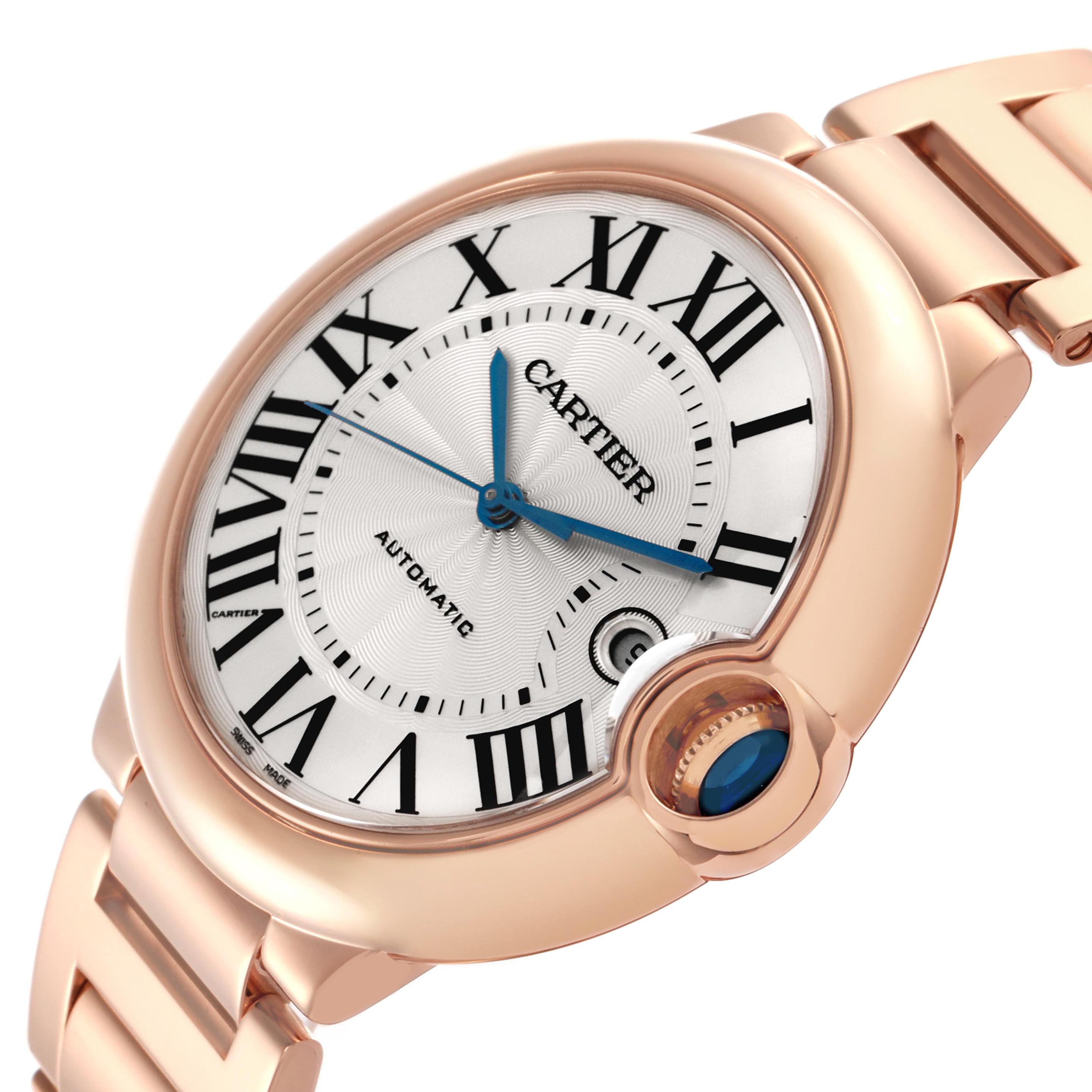 The Cartier Ballon Bleu WGBB0016 Men's Rose Gold Silver Dial watch is shown at a slight angle, highlighting the dial, crown, and bracelet.