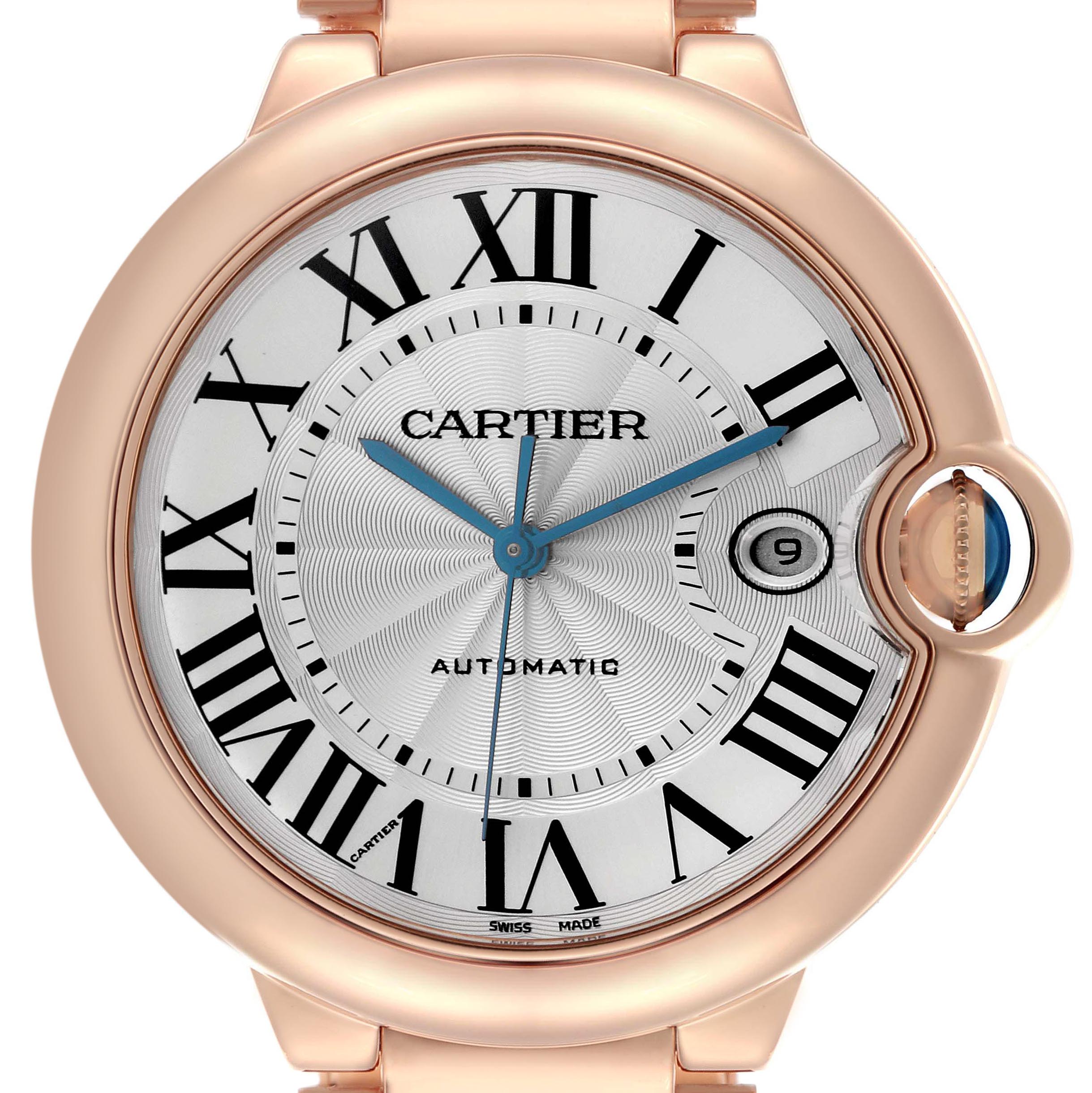 The Cartier Ballon Bleu WGBB0016 Men's Rose Gold Silver Dial watch is shown from a front angle, highlighting the dial, Roman numerals, and blue hands.