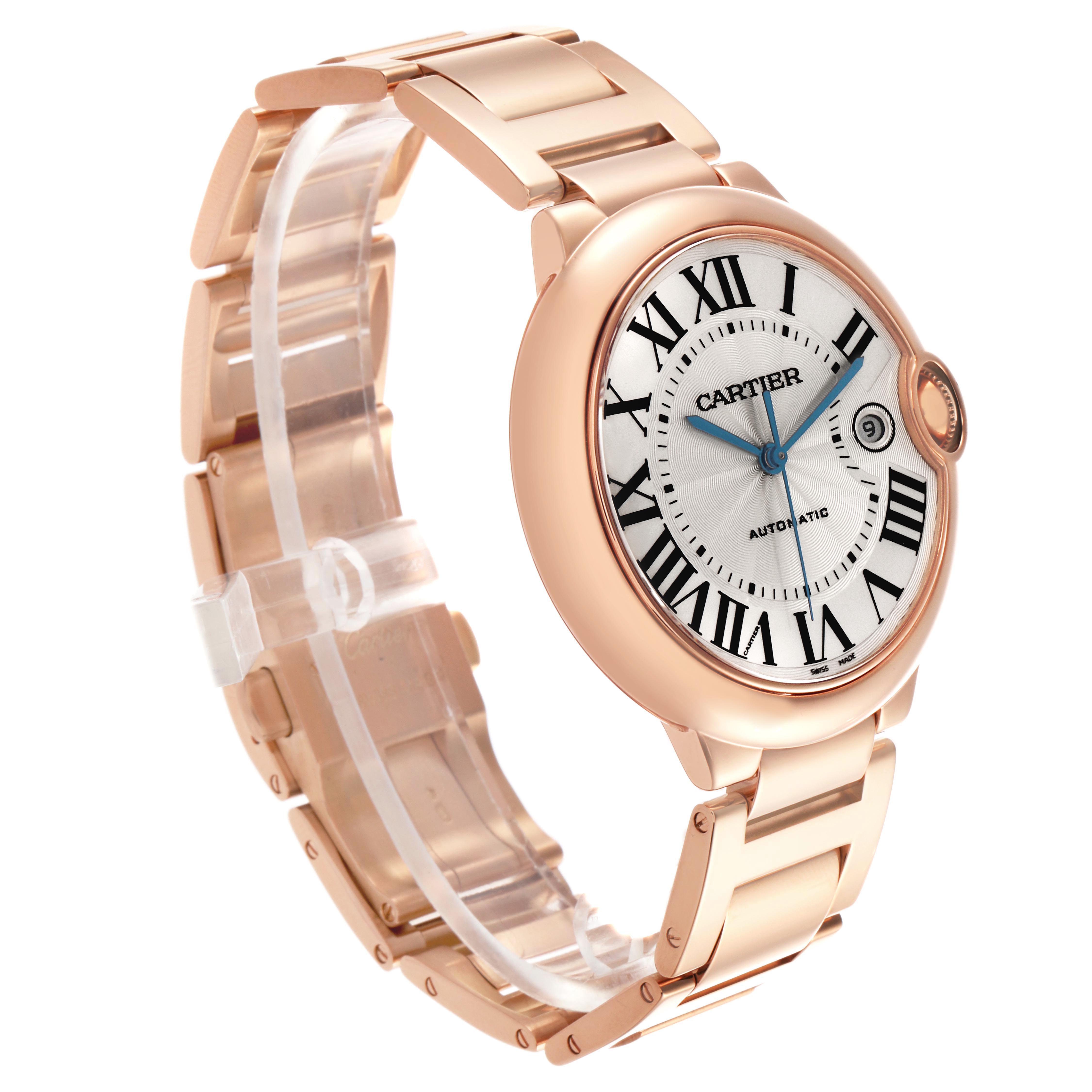 The image shows a Cartier Ballon Bleu WGBB0016 Men's Rose Gold Silver Dial watch at a three-quarter angle, highlighting the face, case, and bracelet.