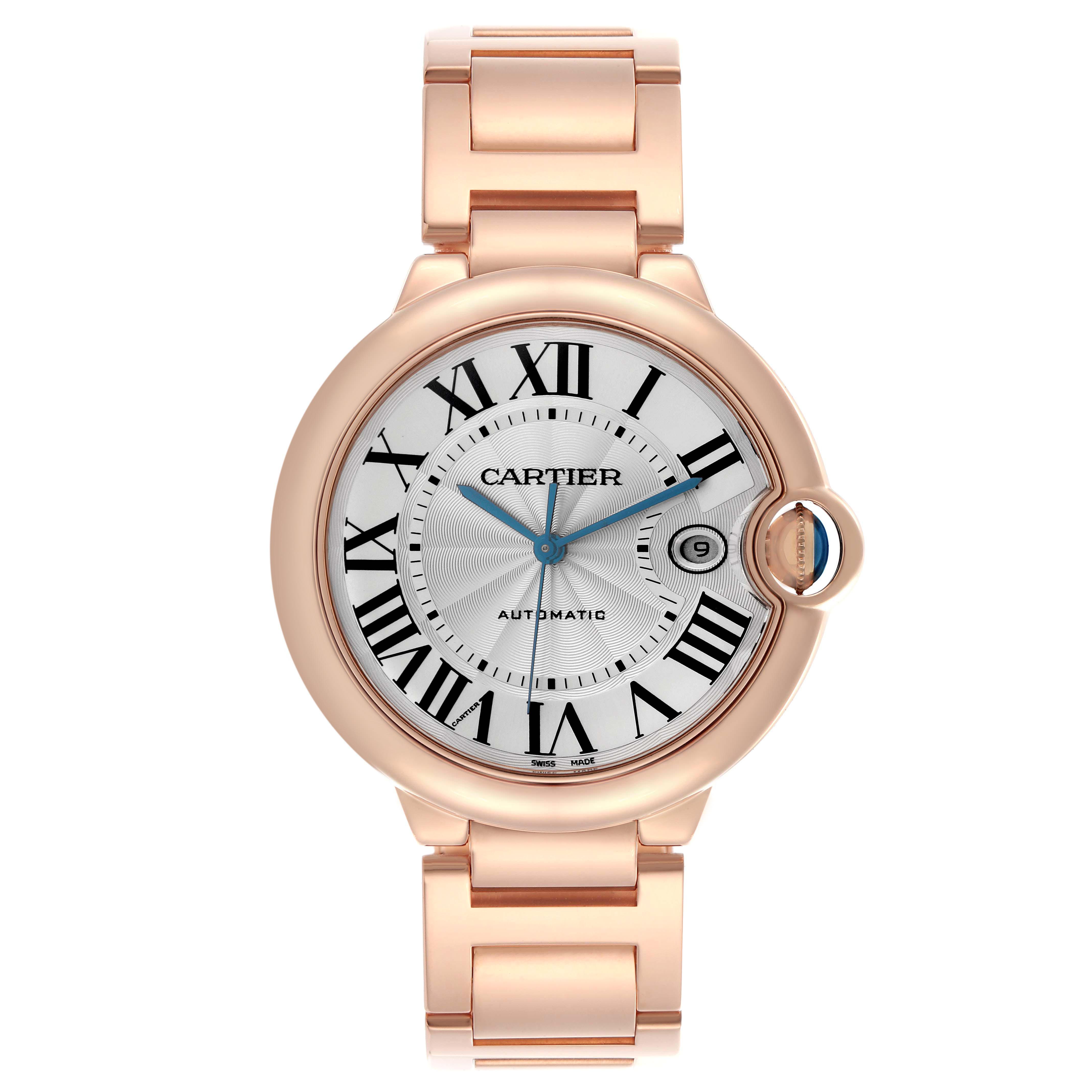 The Cartier Ballon Bleu WGBB0016 Men's Rose Gold Silver Dial watch is shown from the front, displaying its round dial, Roman numerals, hands, and bracelet.