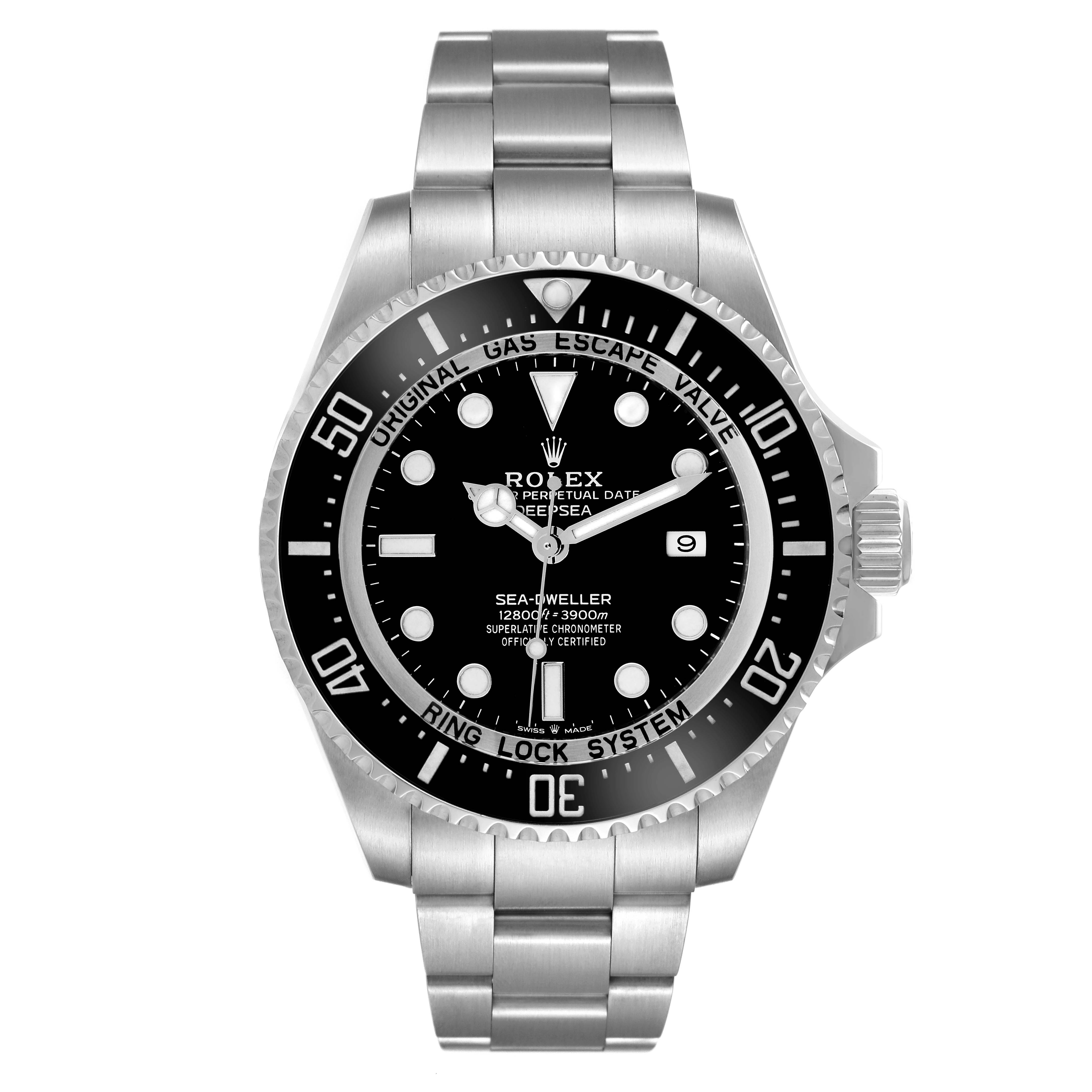 The Rolex Sea-Dweller 126660 Men's Stainless Steel Black Dial 126660 Men's Stainless Steel Black Dial watch is shown from a front angle, highlighting the dial, bezel, and bracelet.