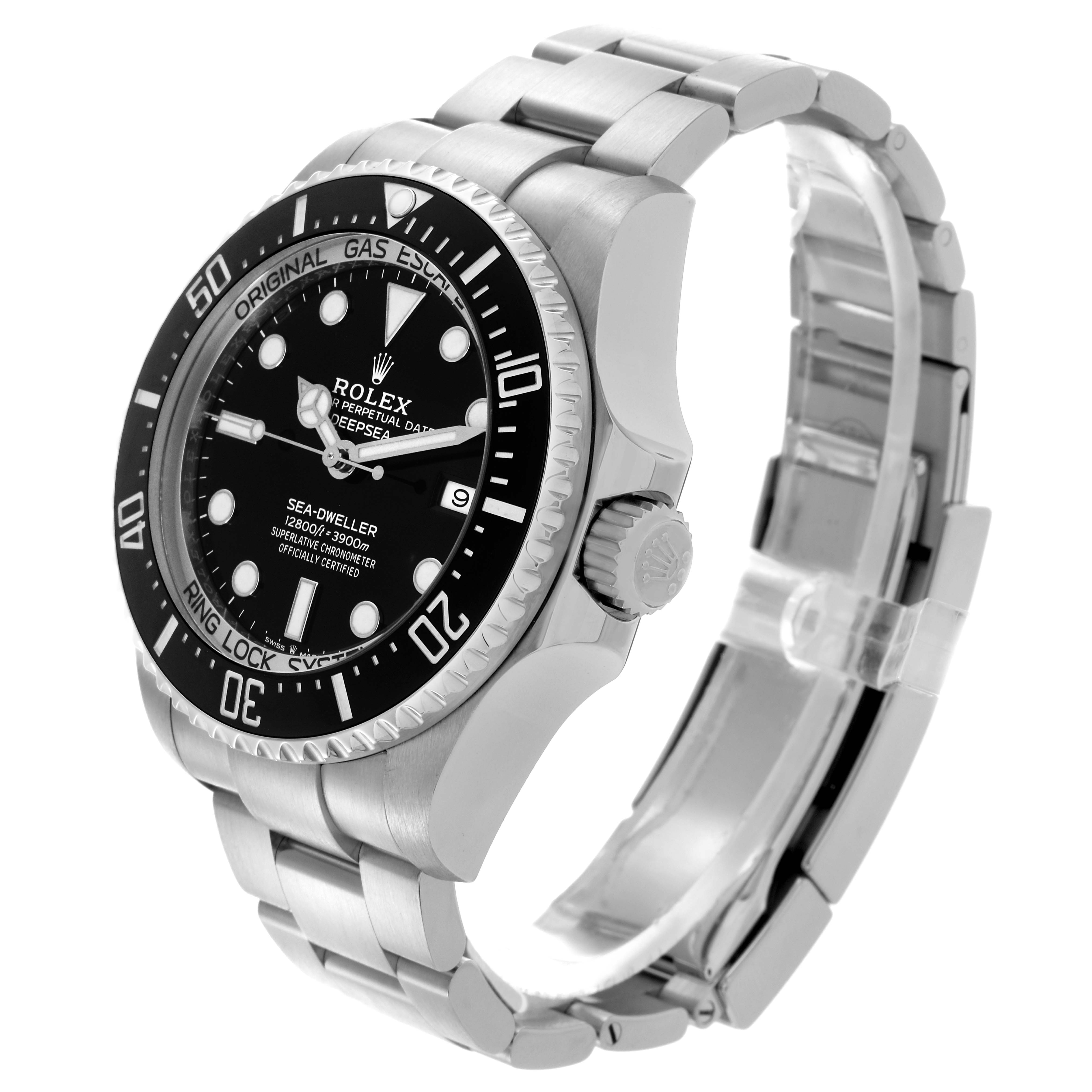 The Rolex Sea-Dweller 126660 Men's Stainless Steel Black Dial 126660 Men's Stainless Steel Black Dial watch is shown at a three-quarter angle highlighting the bezel, dial, and bracelet.