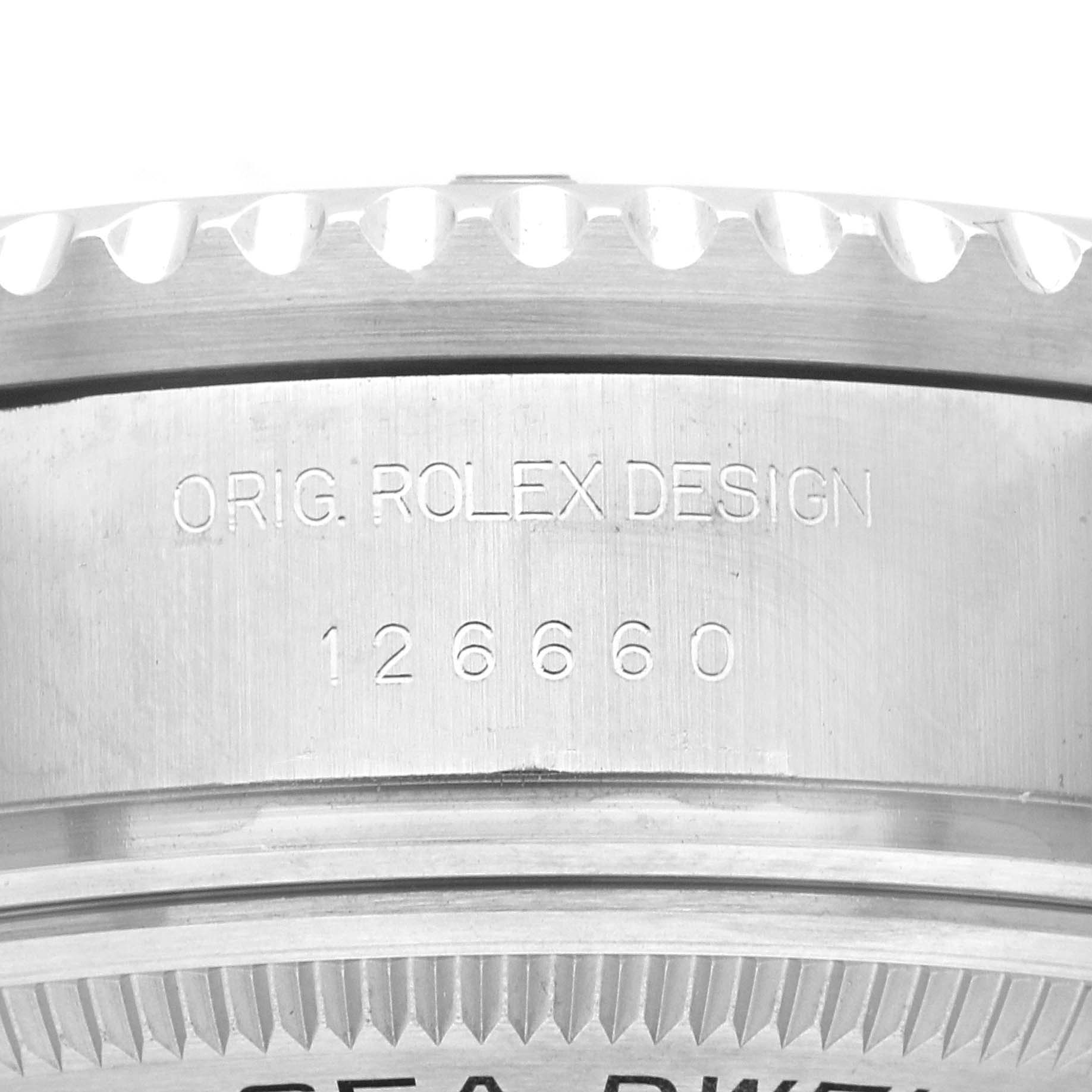 The image shows a close-up of the case side of a Rolex Sea-Dweller 126660 Men's Stainless Steel Black Dial 126660 Men's Stainless Steel Black Dial, highlighting the model number “126660” and part of the bezel.