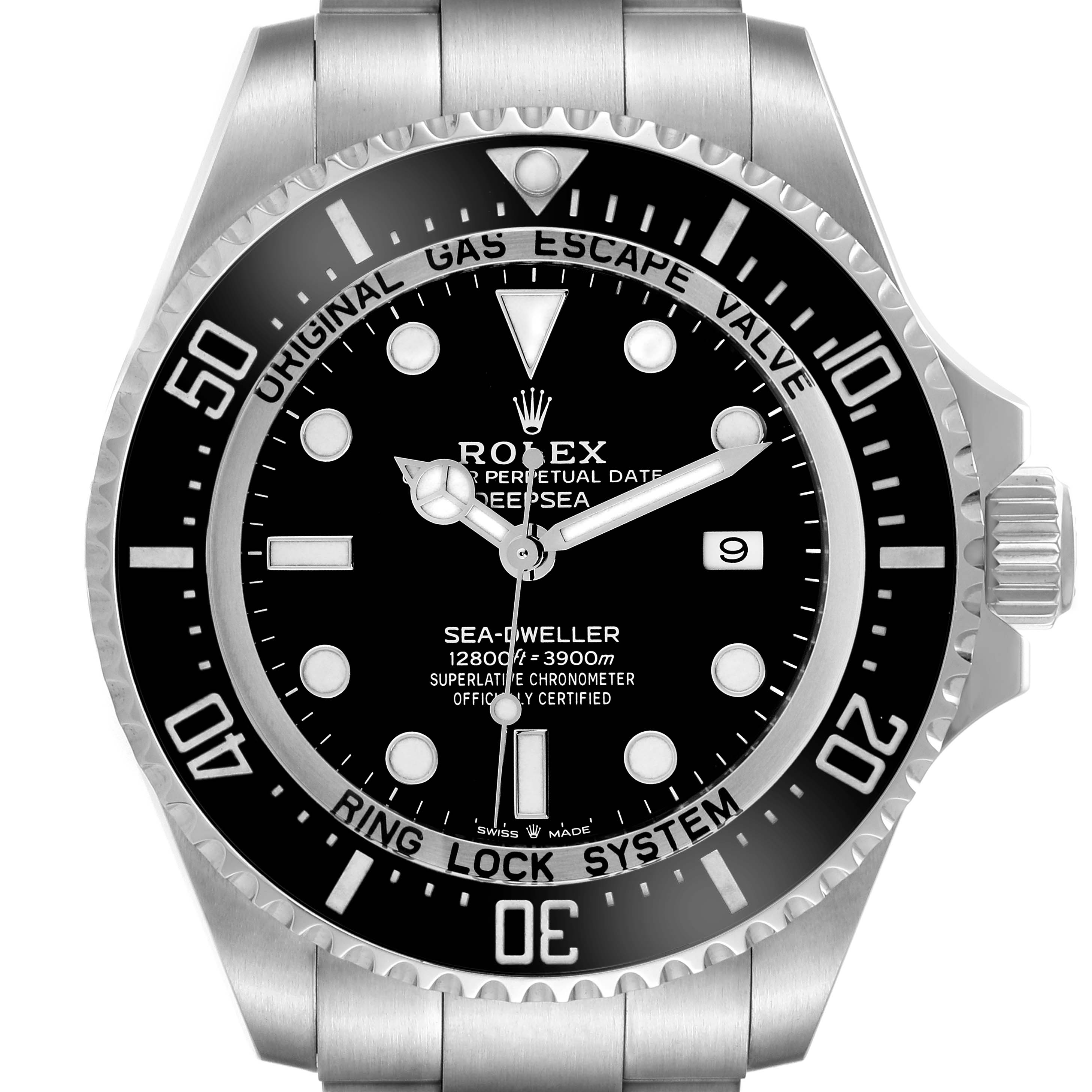 The image shows a front view of the Rolex Sea-Dweller 126660 Men's Stainless Steel Black Dial 126660 Men's Stainless Steel Black Dial, highlighting the dial, bezel, and bracelet.