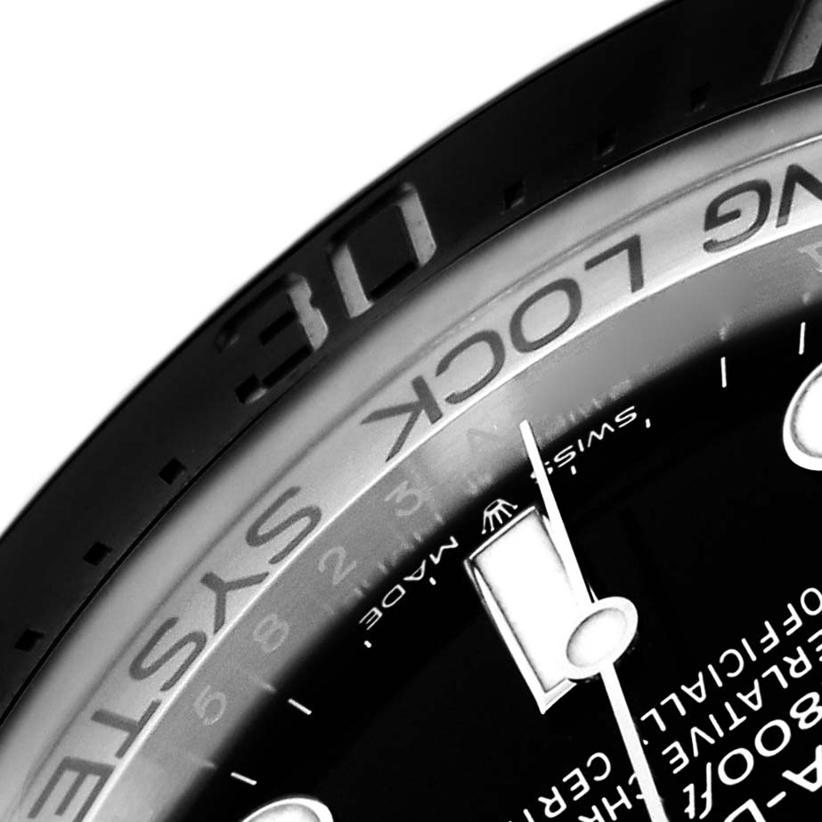 The image shows a close-up of the Rolex Sea-Dweller 126660 Men's Stainless Steel Black Dial 126660 Men's Stainless Steel Black Dial dial and bezel at an angle, showcasing details like the "RING LOCK SYSTEM" text.