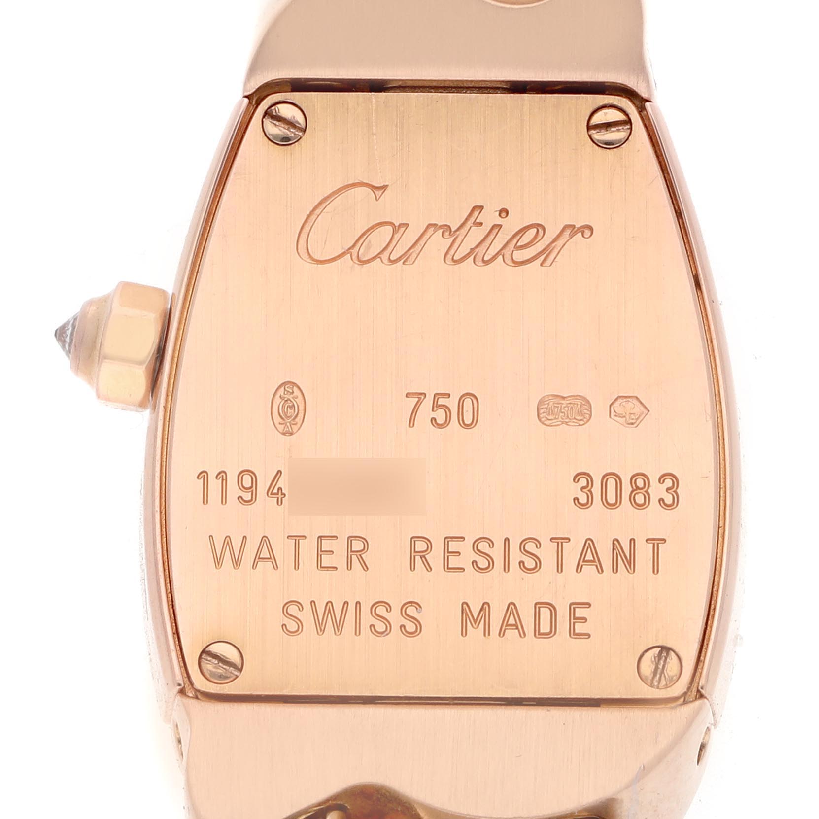 The image shows the back case of the Cartier La Dona WE60086I Women's Rose Gold Silver Dial WE60086I Women's Rose Gold Silver Dial watch, displaying engravings and the crown on the side.