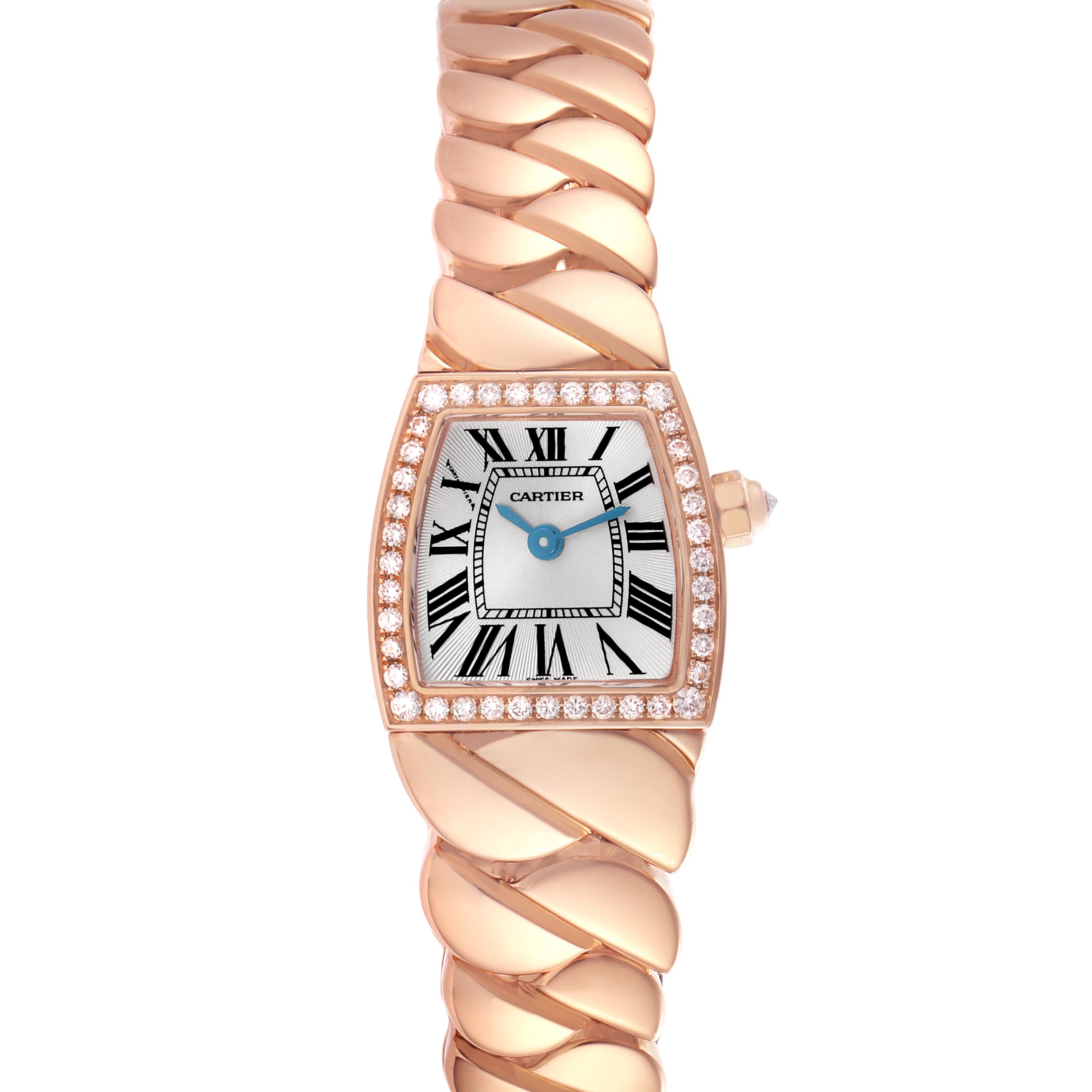 The image shows a frontal view of the Cartier La Dona WE60086I Women's Rose Gold Silver Dial WE60086I Women's Rose Gold Silver Dial watch, highlighting its dial, bezel, and bracelet.