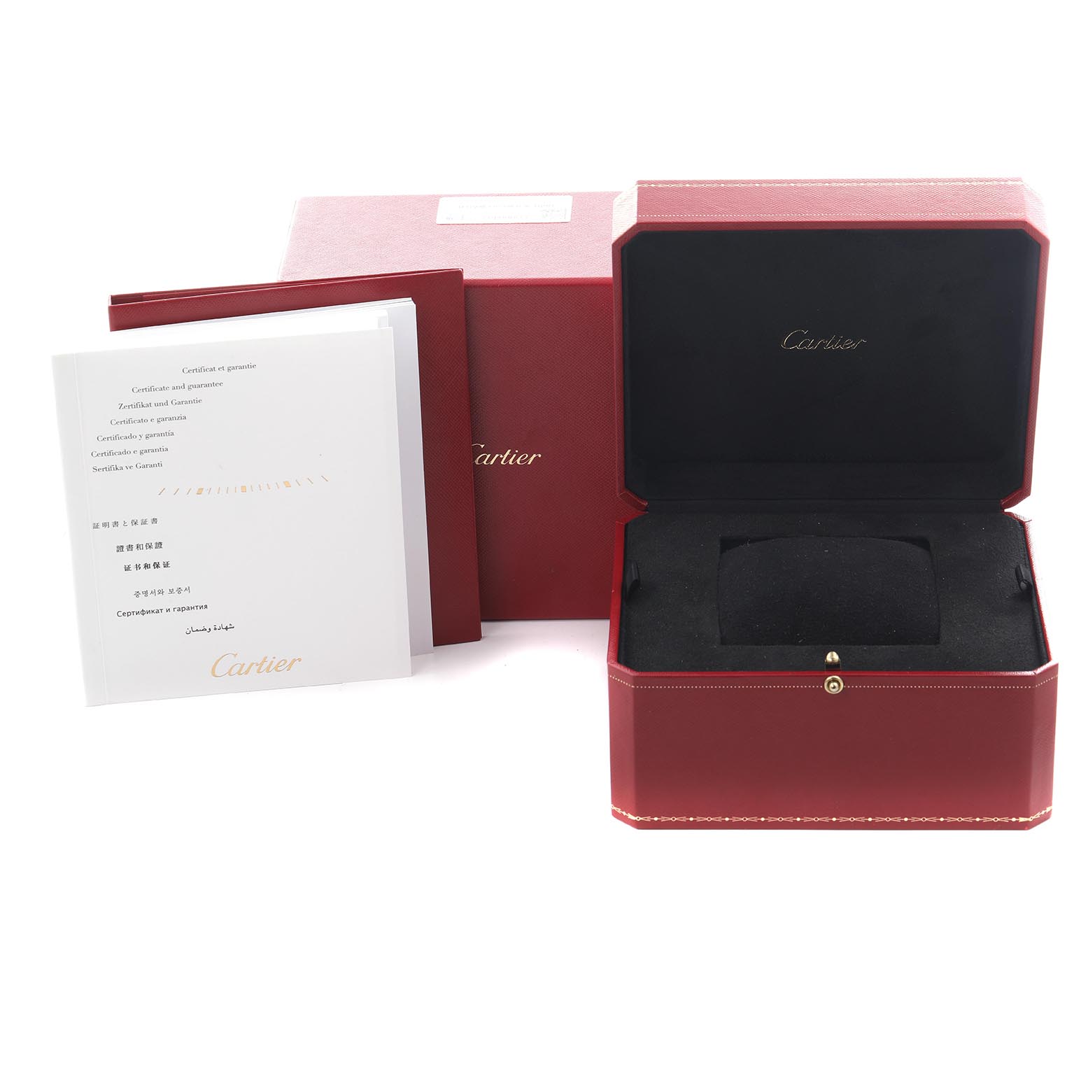 The image shows a Cartier La Dona WE60086I Women's Rose Gold Silver Dial WE60086I Women's Rose Gold Silver Dial watch box set at an angle with an open red case and accompanying documents.