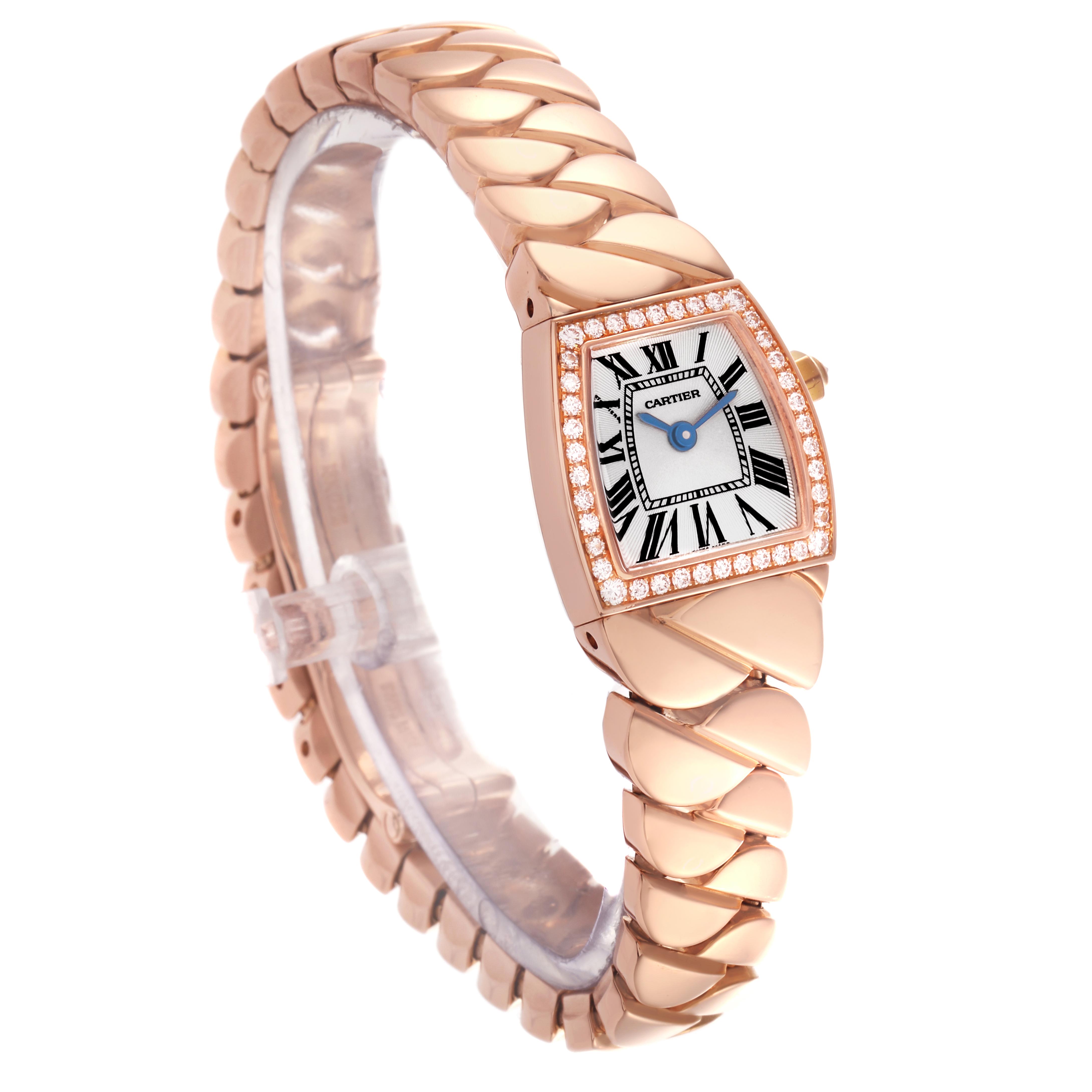 The Cartier La Dona WE60086I Women's Rose Gold Silver Dial WE60086I Women's Rose Gold Silver Dial watch is shown at a three-quarter angle, highlighting the face, bracelet, and diamond bezel.