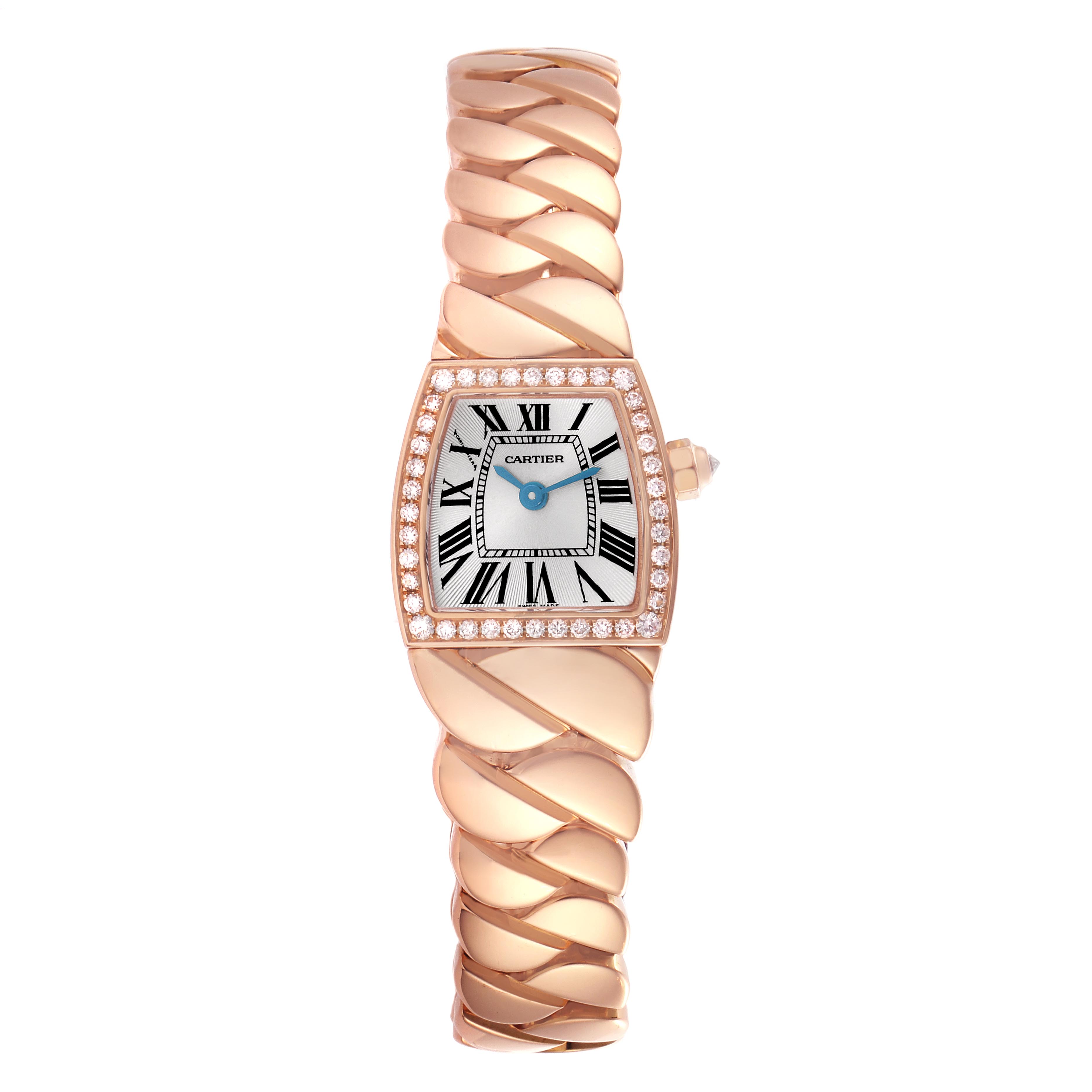 The Cartier La Dona WE60086I Women's Rose Gold Silver Dial WE60086I Women's Rose Gold Silver Dial watch is shown from a top view, highlighting its face, bracelet, and diamond-encrusted bezel.