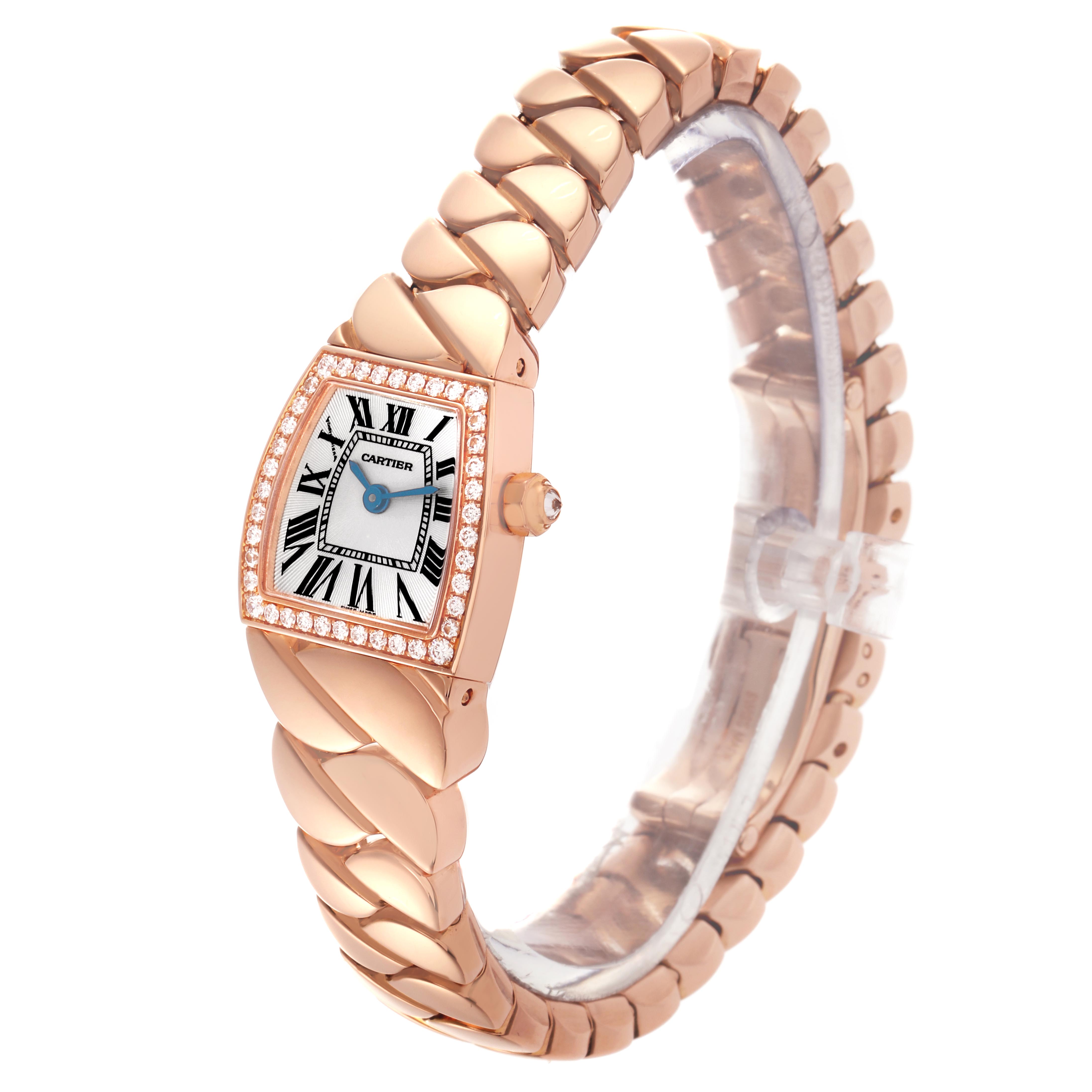 The Cartier La Dona WE60086I Women's Rose Gold Silver Dial WE60086I Women's Rose Gold Silver Dial watch is shown from a side angle, highlighting its bracelet and diamond-accented face.