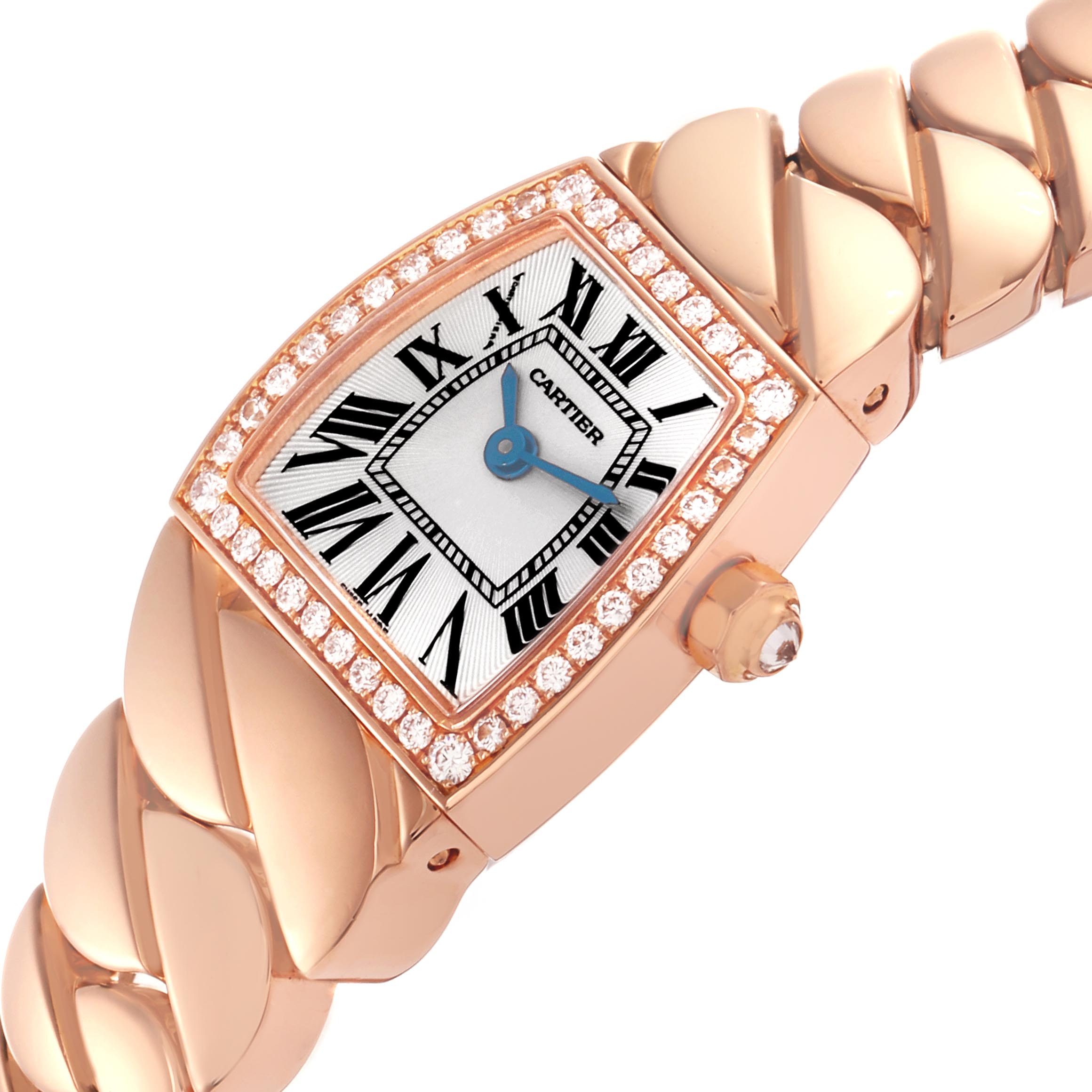 The Cartier La Dona WE60086I Women's Rose Gold Silver Dial WE60086I Women's Rose Gold Silver Dial watch is shown at an angle highlighting the bezel, diamond accents, dial, and part of the bracelet.
