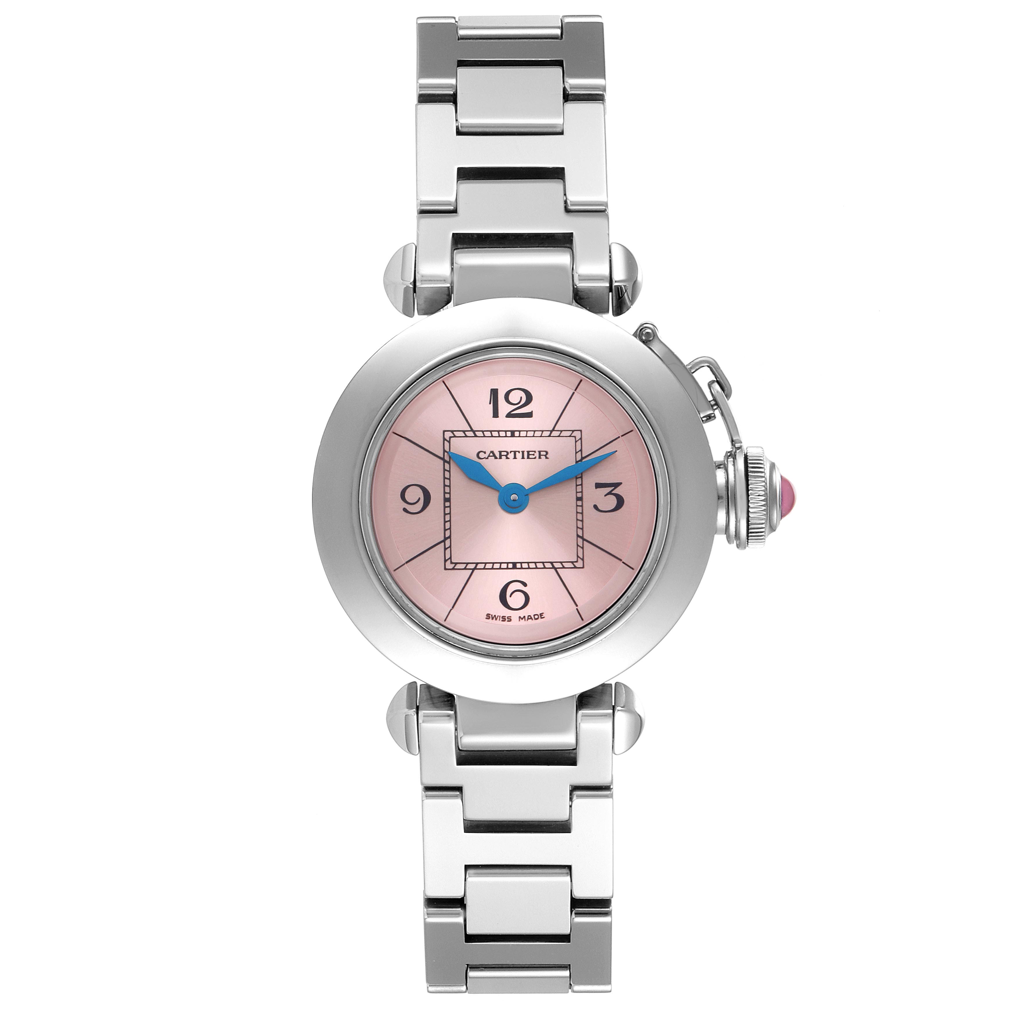The Cartier Pasha W3140008 Women
s Stainless Steel Pink Dial W3140008 Women
s Stainless Steel Pink Dial watch is shown from a top-down angle, displaying the face, bezel, bracelet, and crown.