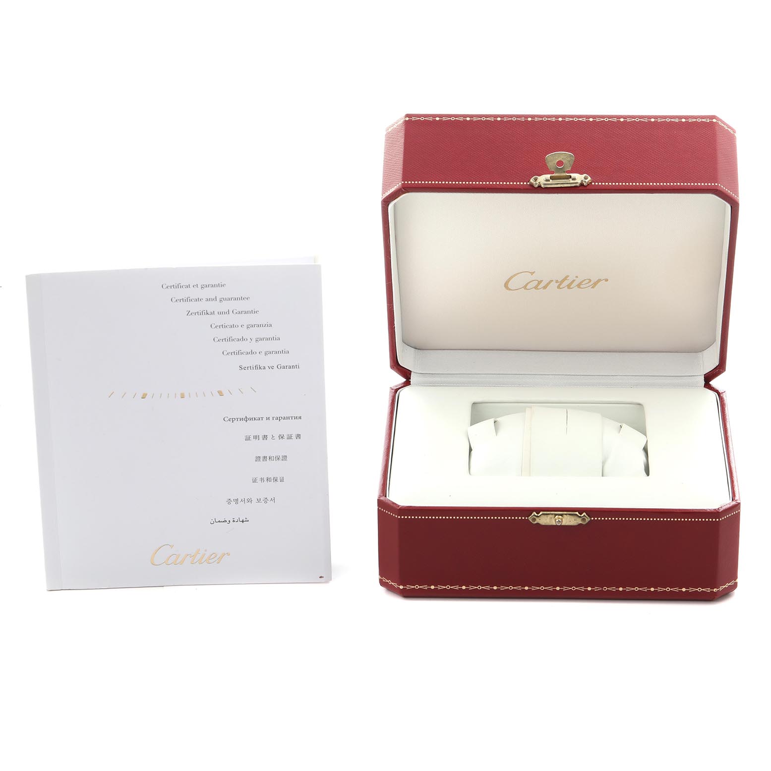 The image shows a red Cartier Pasha W3140008 Women
s Stainless Steel Pink Dial W3140008 Women
s Stainless Steel Pink Dial watch box open, alongside a Cartier certificate booklet.