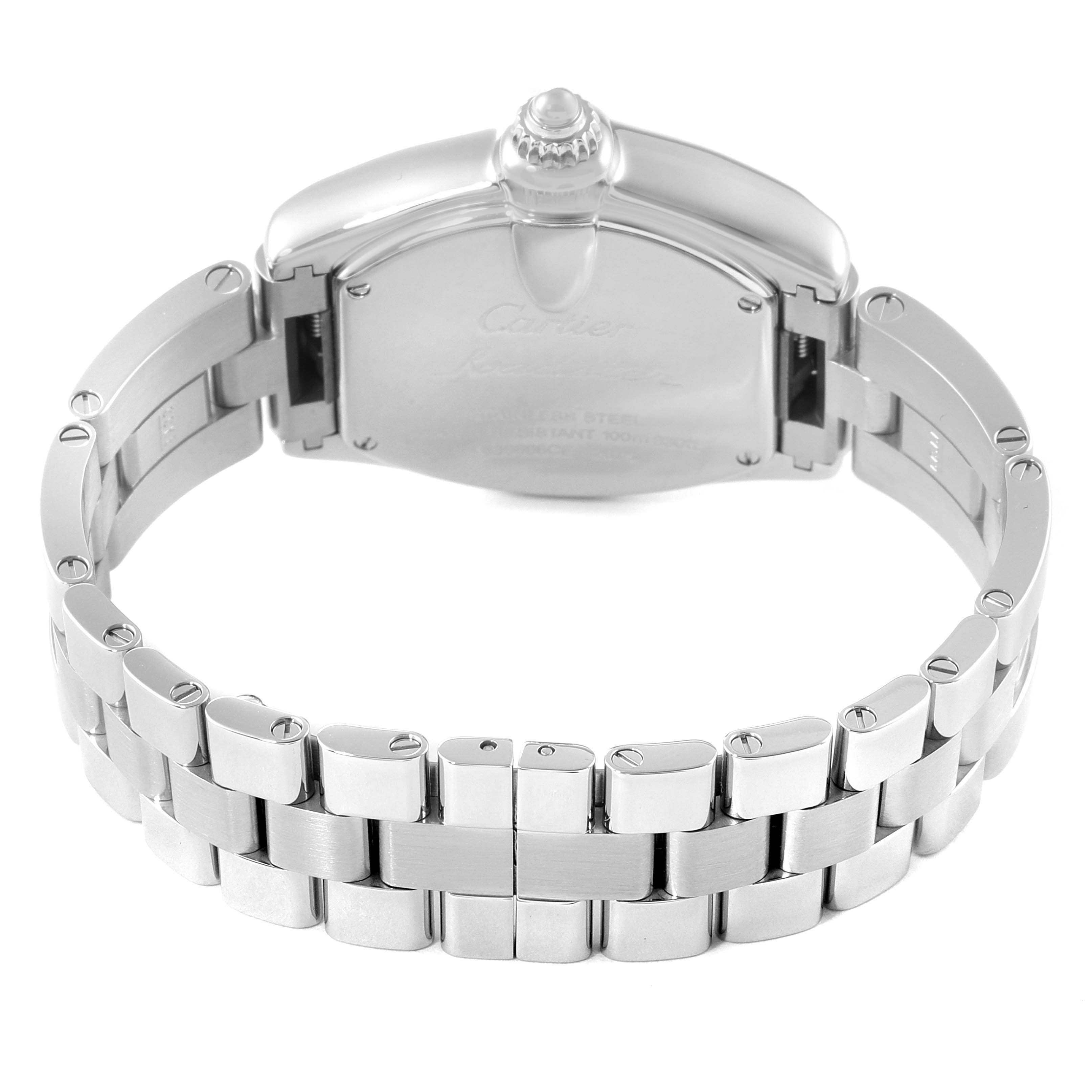 The image shows a rear view of the Cartier Roadster W62043V3 Women's Stainless Steel Pink Dial W62043V3 Women's Stainless Steel Pink Dial model watch, highlighting its case back and stainless steel bracelet.