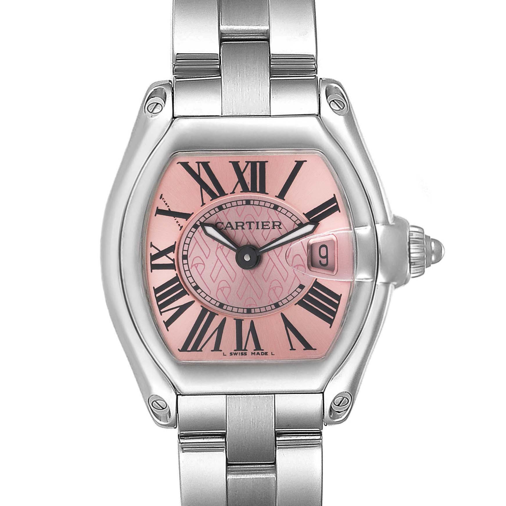 This image shows a top-down view of the Cartier Roadster W62043V3 Women's Stainless Steel Pink Dial W62043V3 Women's Stainless Steel Pink Dial watch, highlighting its pink dial, Roman numerals, and stainless steel bracelet.