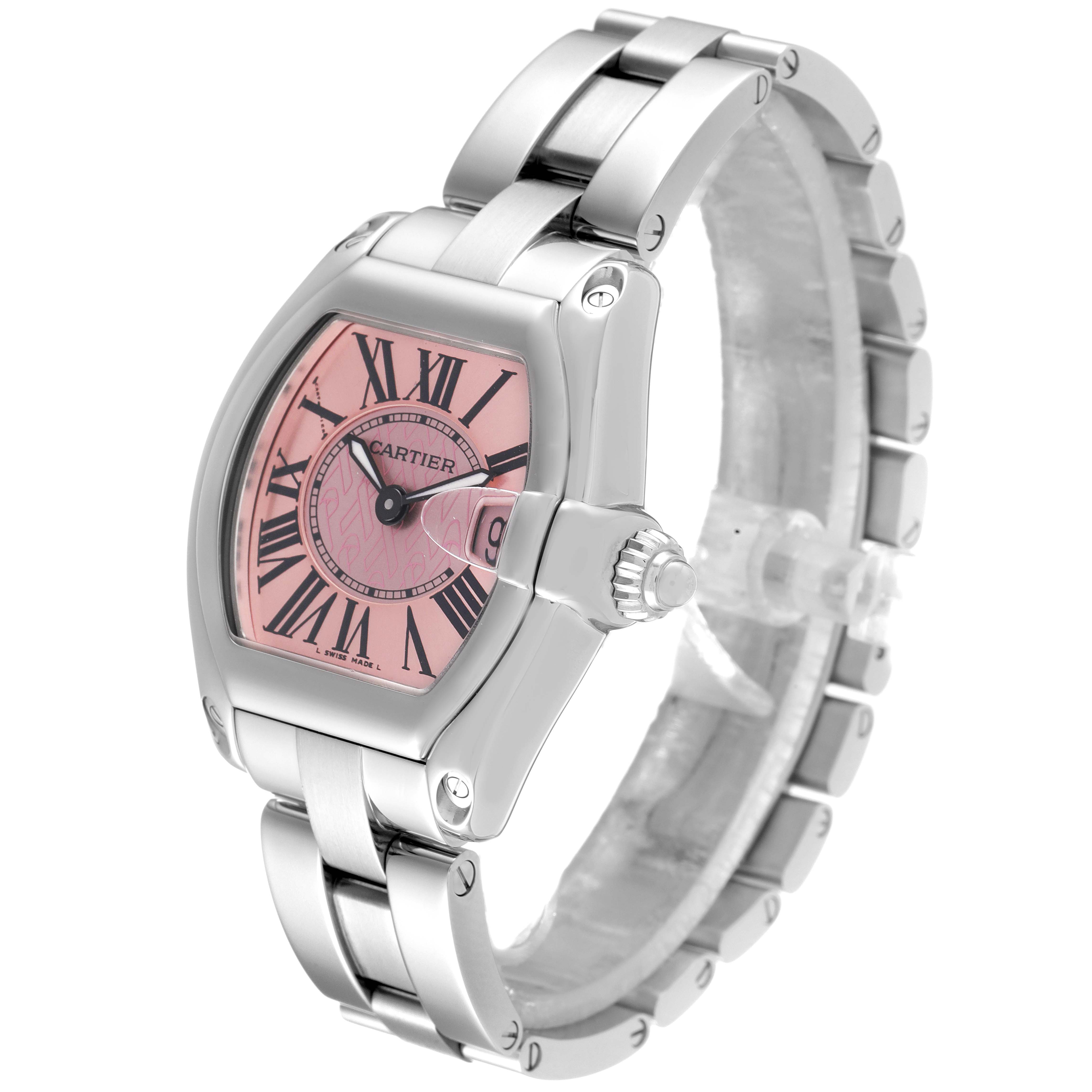 The Cartier Roadster W62043V3 Women's Stainless Steel Pink Dial W62043V3 Women's Stainless Steel Pink Dial watch is shown at a slight angle, featuring its dial, crown, and bracelet.
