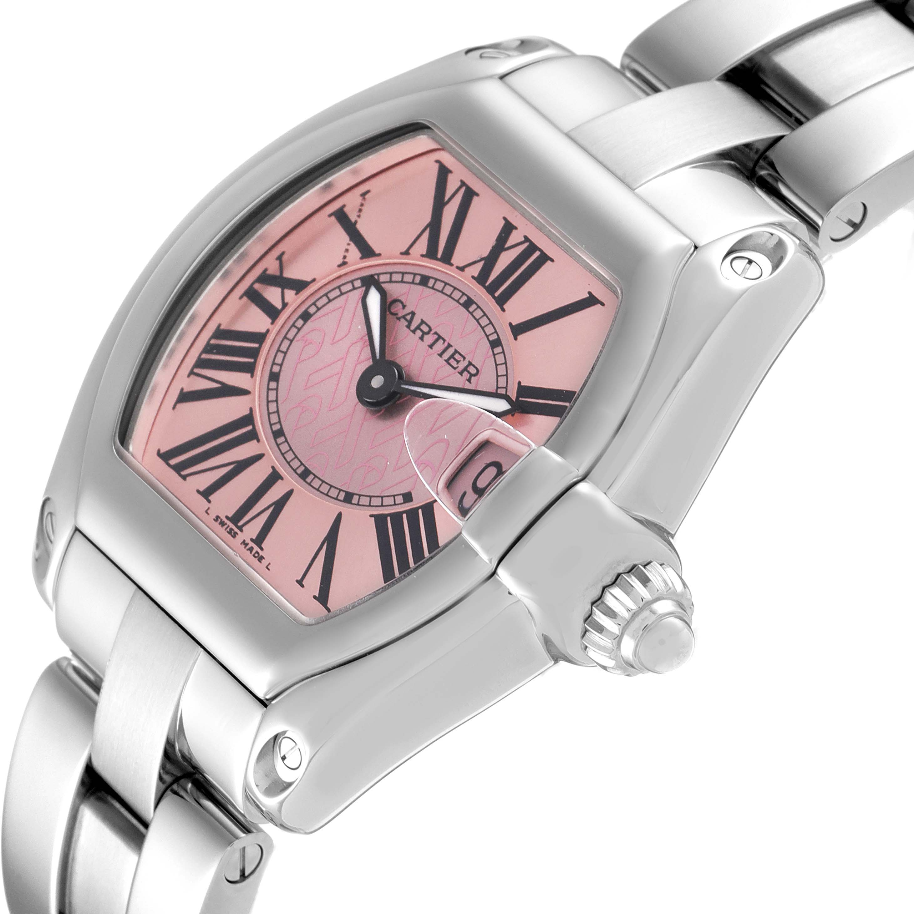The Cartier Roadster W62043V3 Women's Stainless Steel Pink Dial W62043V3 Women's Stainless Steel Pink Dial watch is shown at a slight angle, showcasing the pink dial, Roman numerals, crown, and part of the metal bracelet.
