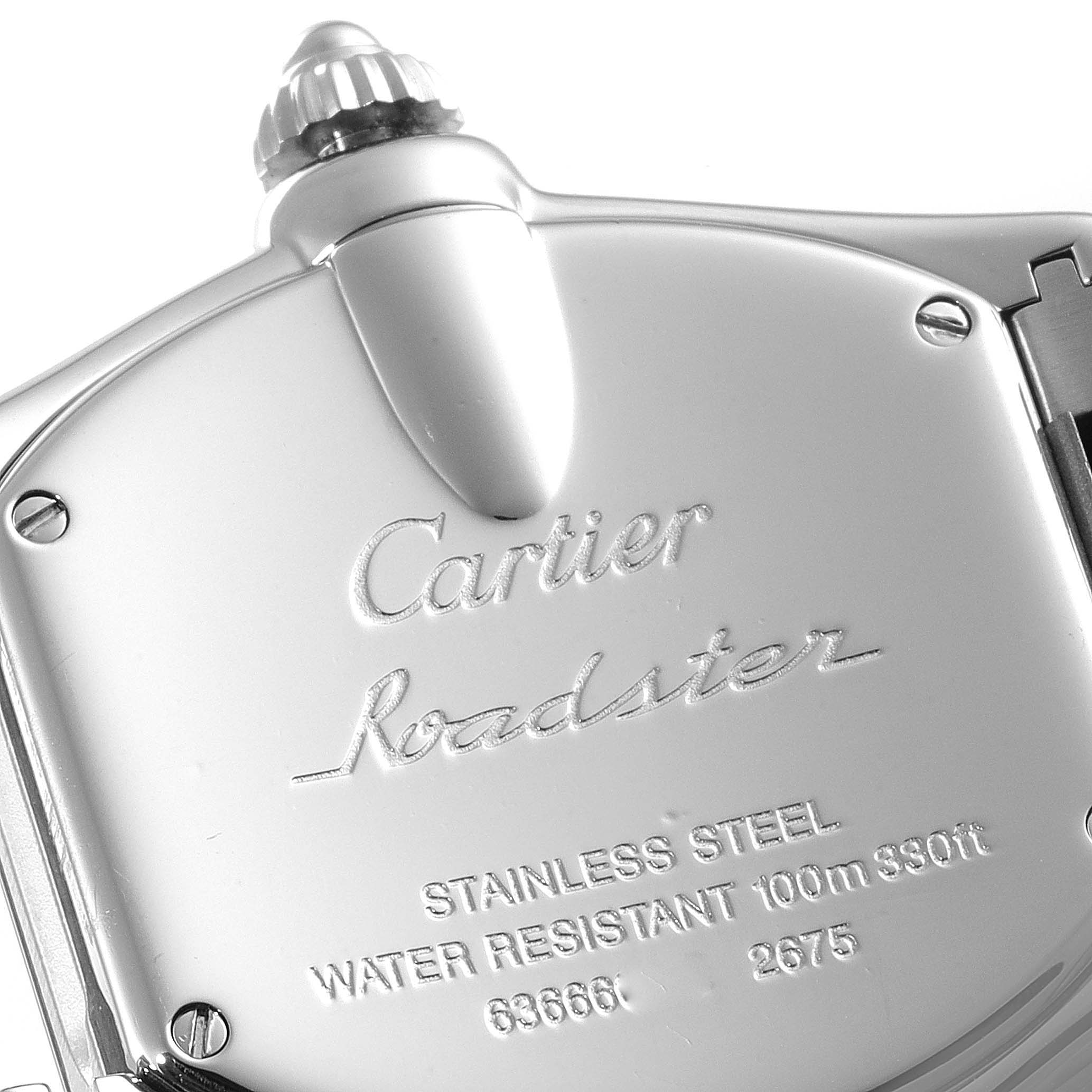 The image shows the back case of a stainless steel Cartier Roadster W62043V3 Women's Stainless Steel Pink Dial W62043V3 Women's Stainless Steel Pink Dial watch.