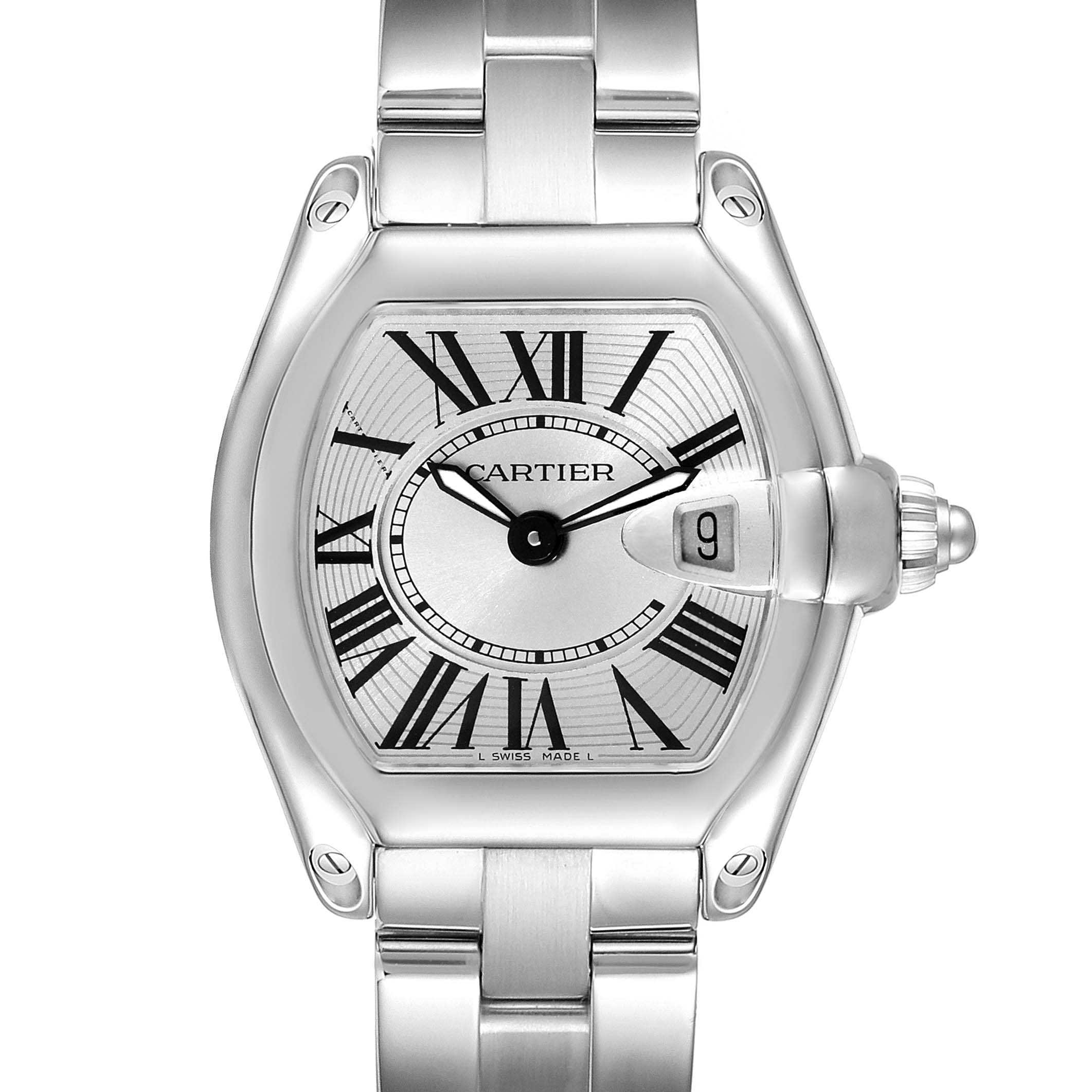 The image shows a front view of a Cartier Roadster W62016V3 Women
s Stainless Steel Silver Dial W62016V3 Women
s Stainless Steel Silver Dial watch, highlighting the face, bezel, crown, and part of the bracelet.
