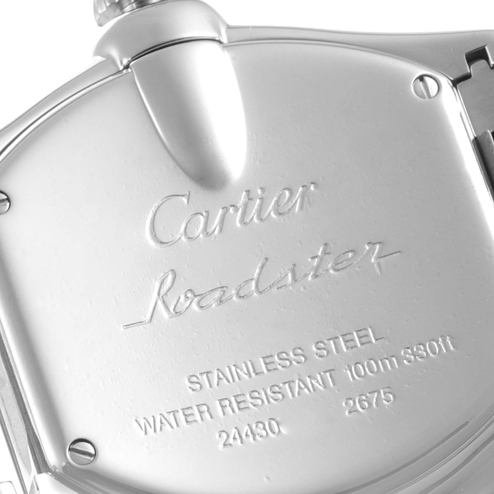 The image shows the engraved back case of a Cartier Roadster W62016V3 Women
s Stainless Steel Silver Dial W62016V3 Women
s Stainless Steel Silver Dial watch with its model details.