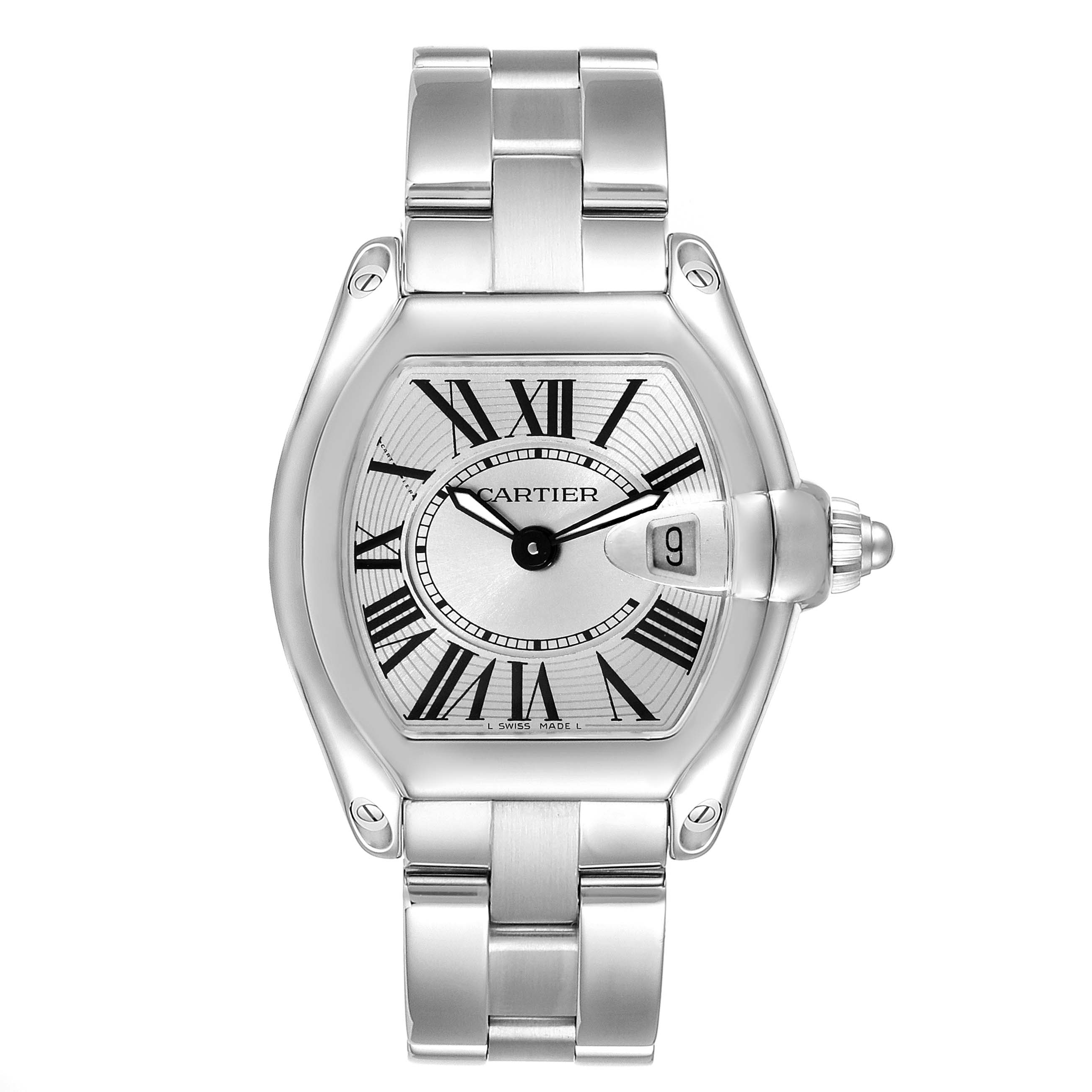 This is a front view of the Cartier Roadster W62016V3 Women
s Stainless Steel Silver Dial W62016V3 Women
s Stainless Steel Silver Dial watch, showing the face, dial, bracelet, and crown.