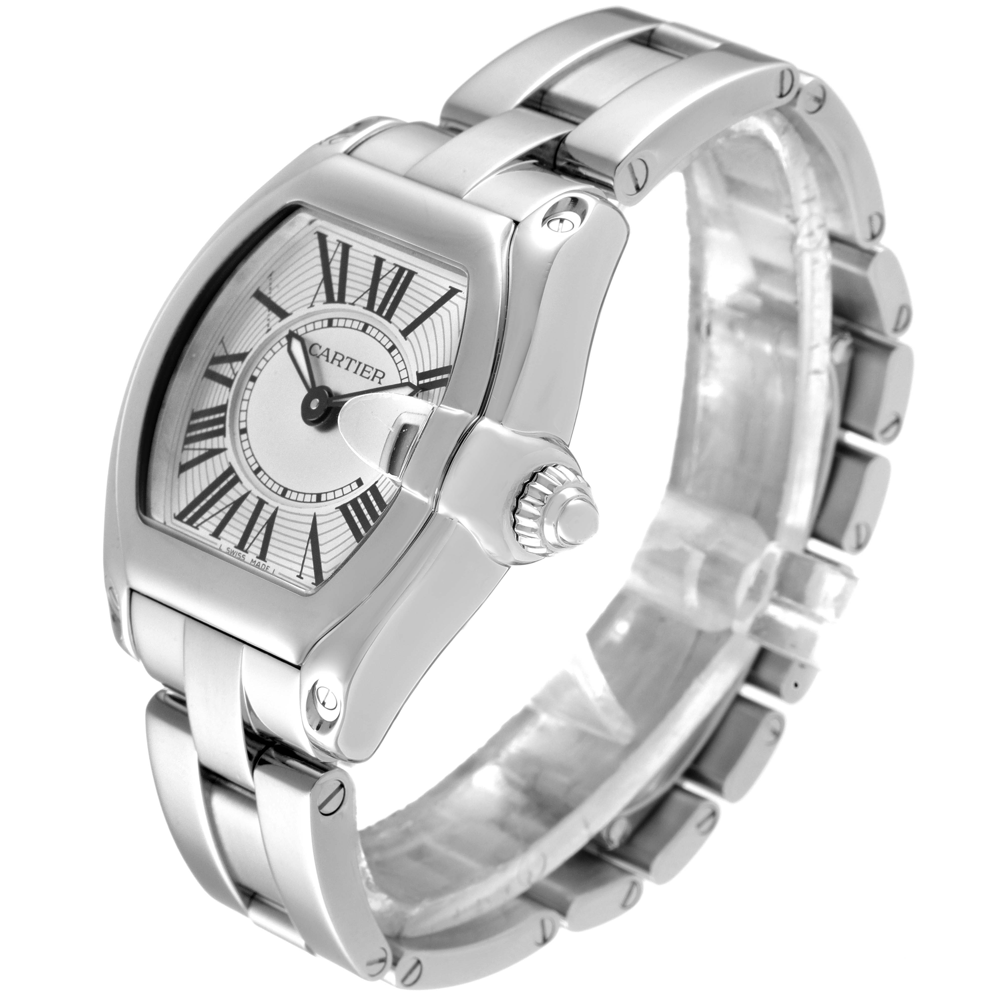 This image shows a Roadster model watch by Cartier, angled to display the face, crown, and metal bracelet.