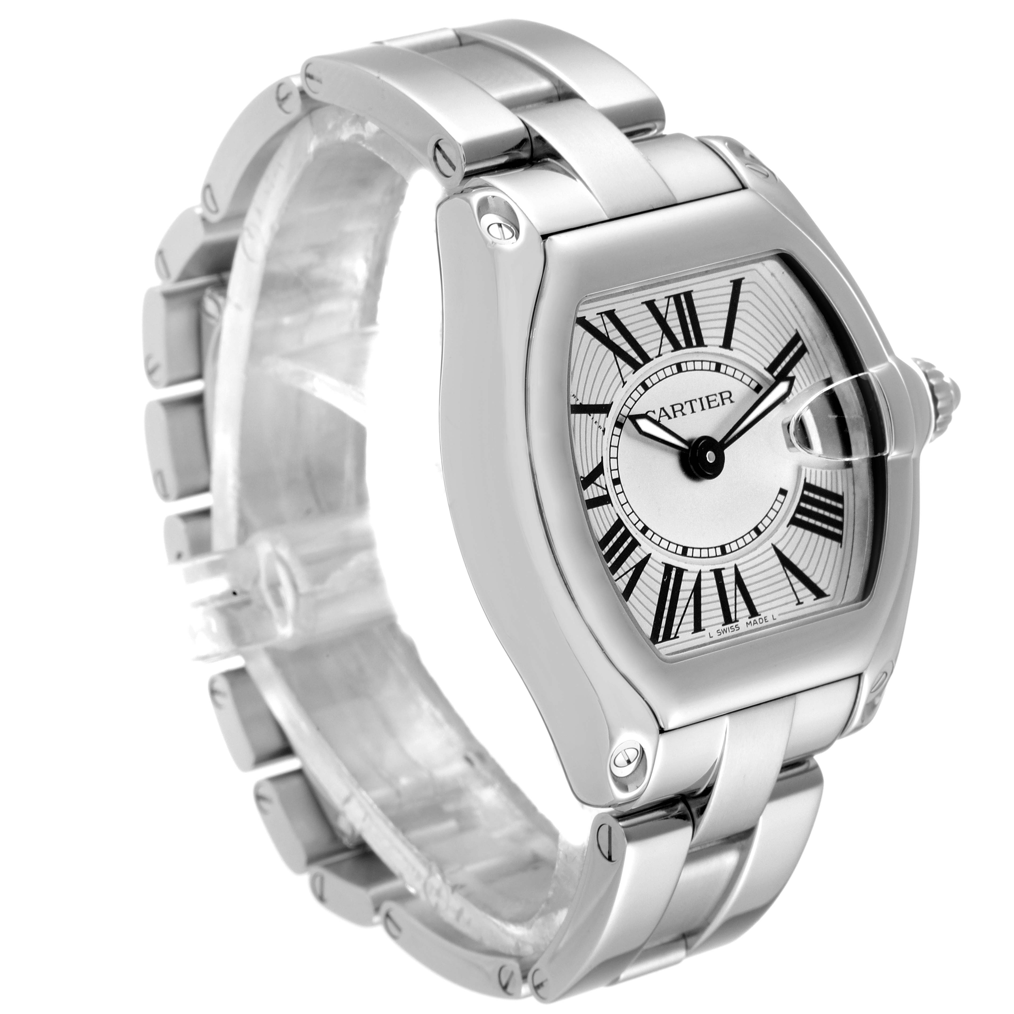 The image shows a Cartier Roadster W62016V3 Women
s Stainless Steel Silver Dial W62016V3 Women
s Stainless Steel Silver Dial watch at a slight side angle, highlighting the face, crown, and metal bracelet.