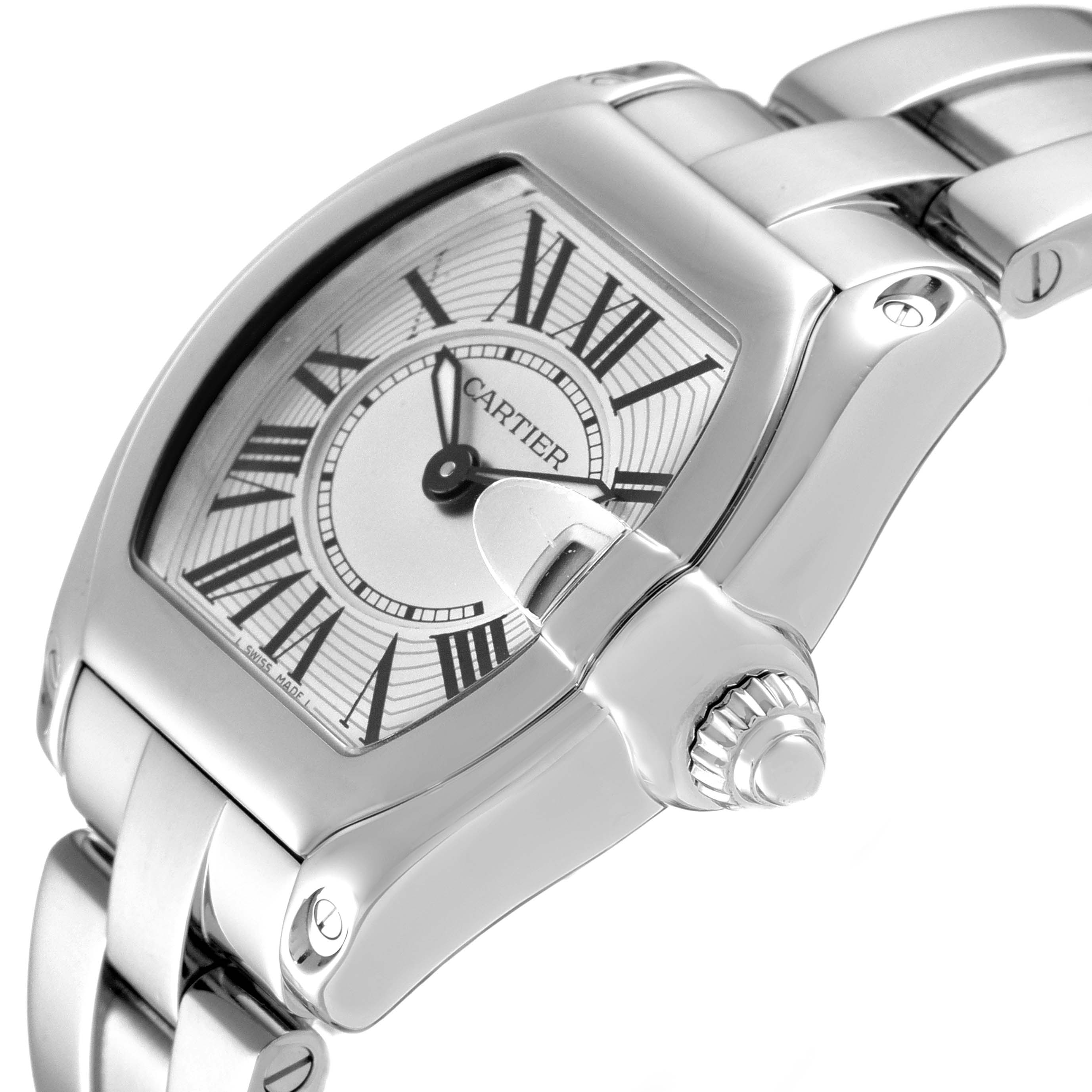 This Cartier Roadster W62016V3 Women
s Stainless Steel Silver Dial W62016V3 Women
s Stainless Steel Silver Dial watch is shown from an angled side view highlighting the dial, crown, and part of the bracelet.