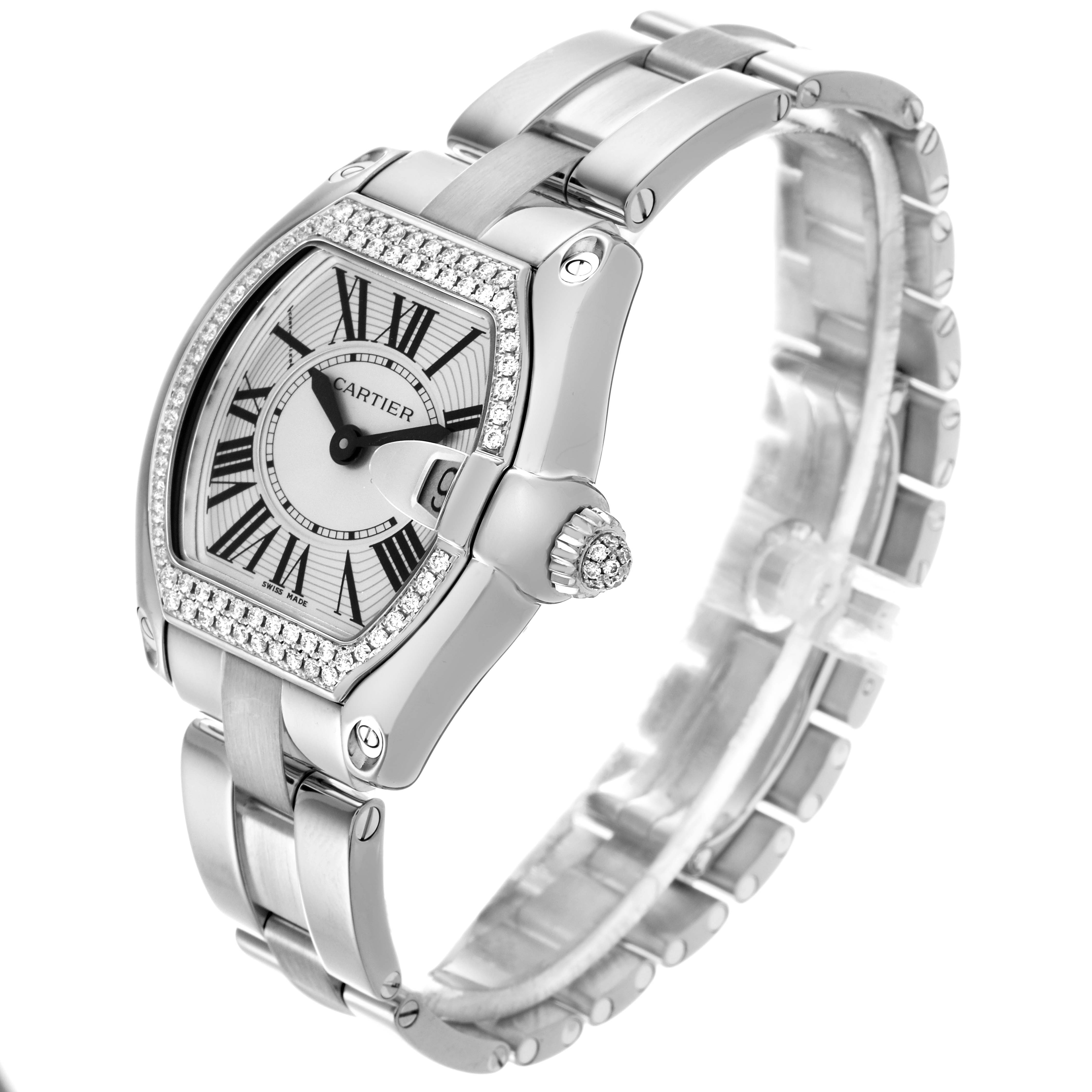The Cartier Roadster WE5002X2 Women
s White Gold Silver Dial WE5002X2 Women
s White Gold Silver Dial watch is shown at an angled view, highlighting the case, bracelet, bezel, and crown.