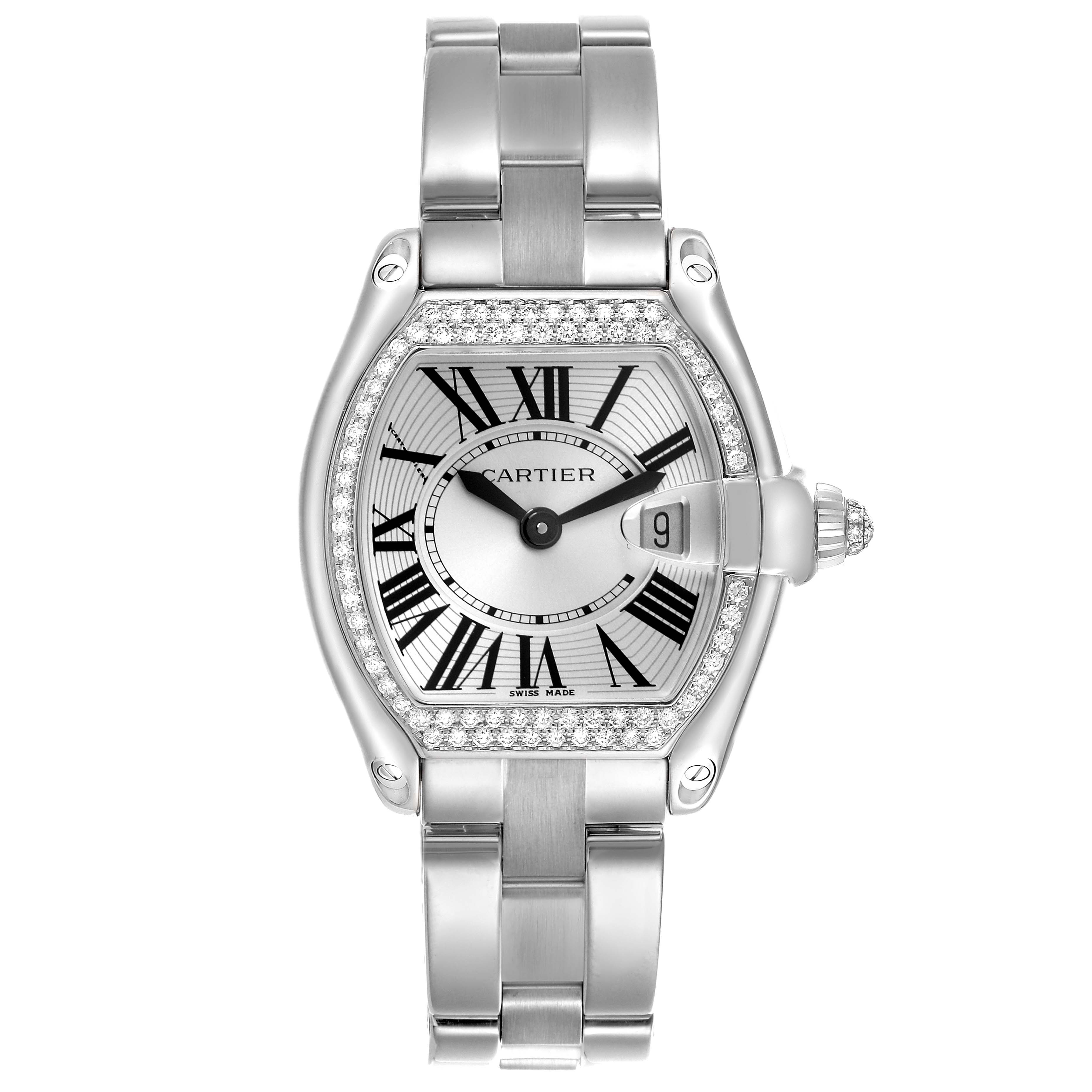 The Cartier Roadster WE5002X2 Women
s White Gold Silver Dial WE5002X2 Women
s White Gold Silver Dial watch is shown from a front angle, displaying the dial, bezel, crown, and bracelet.