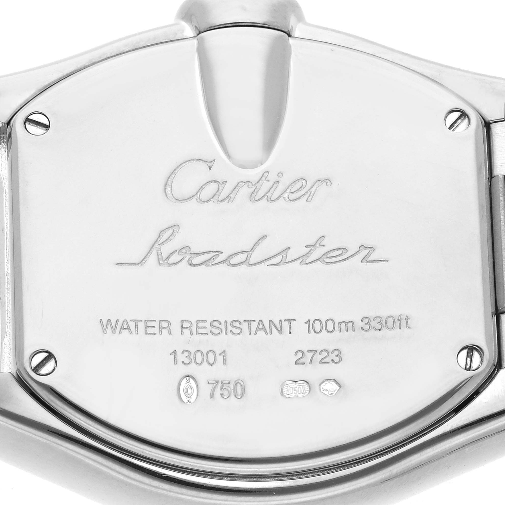 The image shows the back case of the Cartier Roadster WE5002X2 Women
s White Gold Silver Dial WE5002X2 Women
s White Gold Silver Dial watch, displaying engravings and water resistance details.