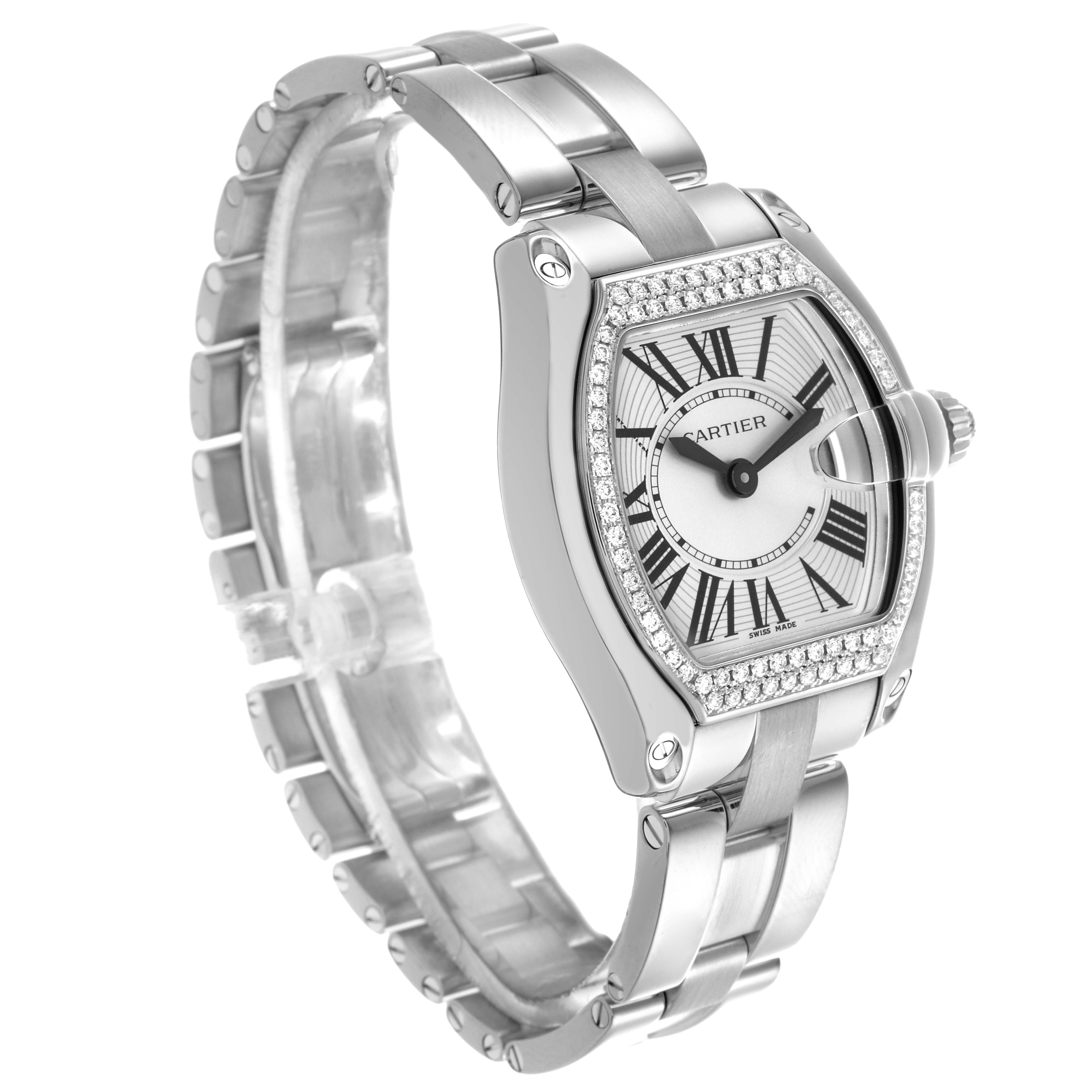 The Cartier Roadster WE5002X2 Women
s White Gold Silver Dial WE5002X2 Women
s White Gold Silver Dial watch is shown at a three-quarter angle, highlighting the bracelet and diamond-set bezel.