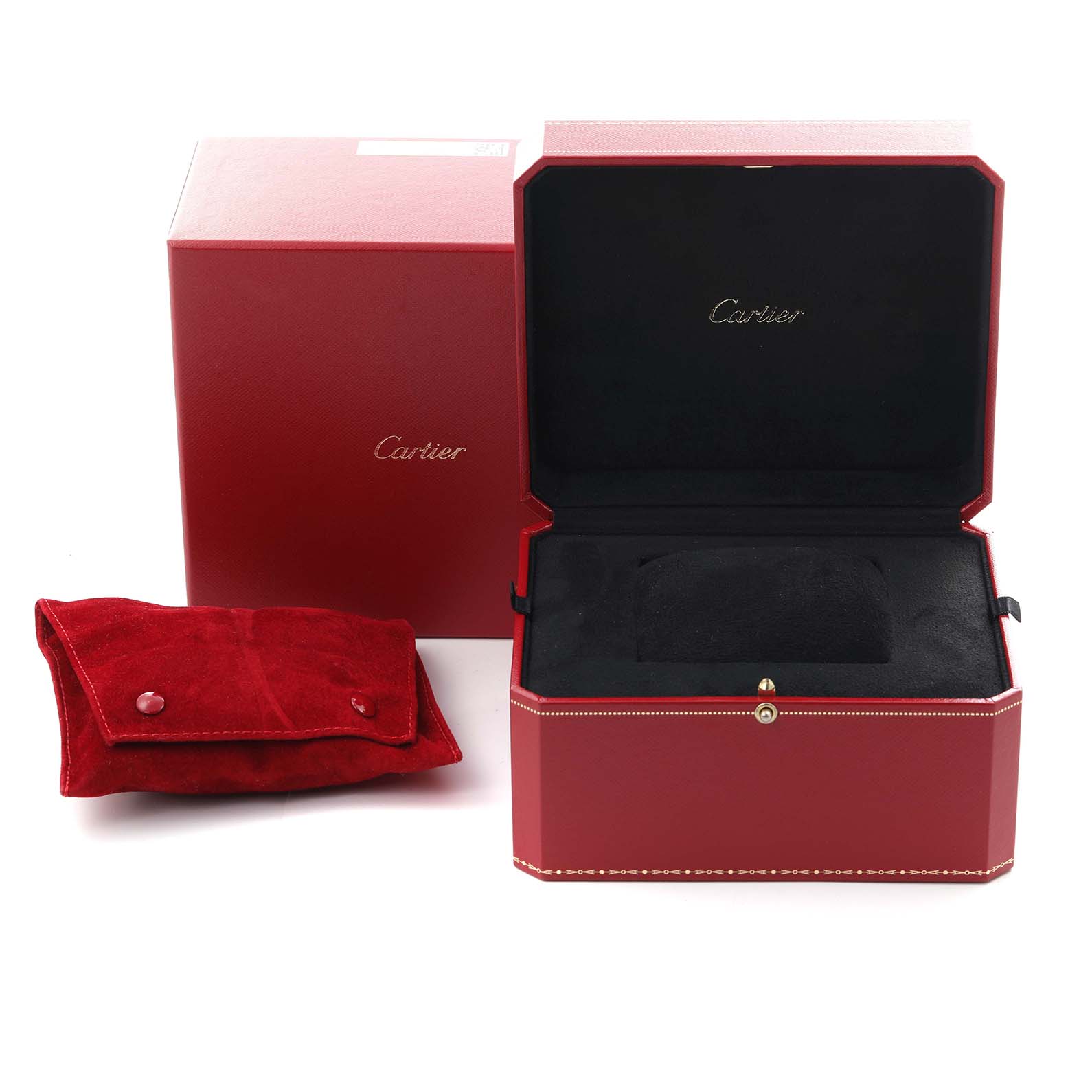 The image shows the packaging for a Cartier Roadster WE5002X2 Women
s White Gold Silver Dial WE5002X2 Women
s White Gold Silver Dial watch, including a red box and a matching suede pouch.