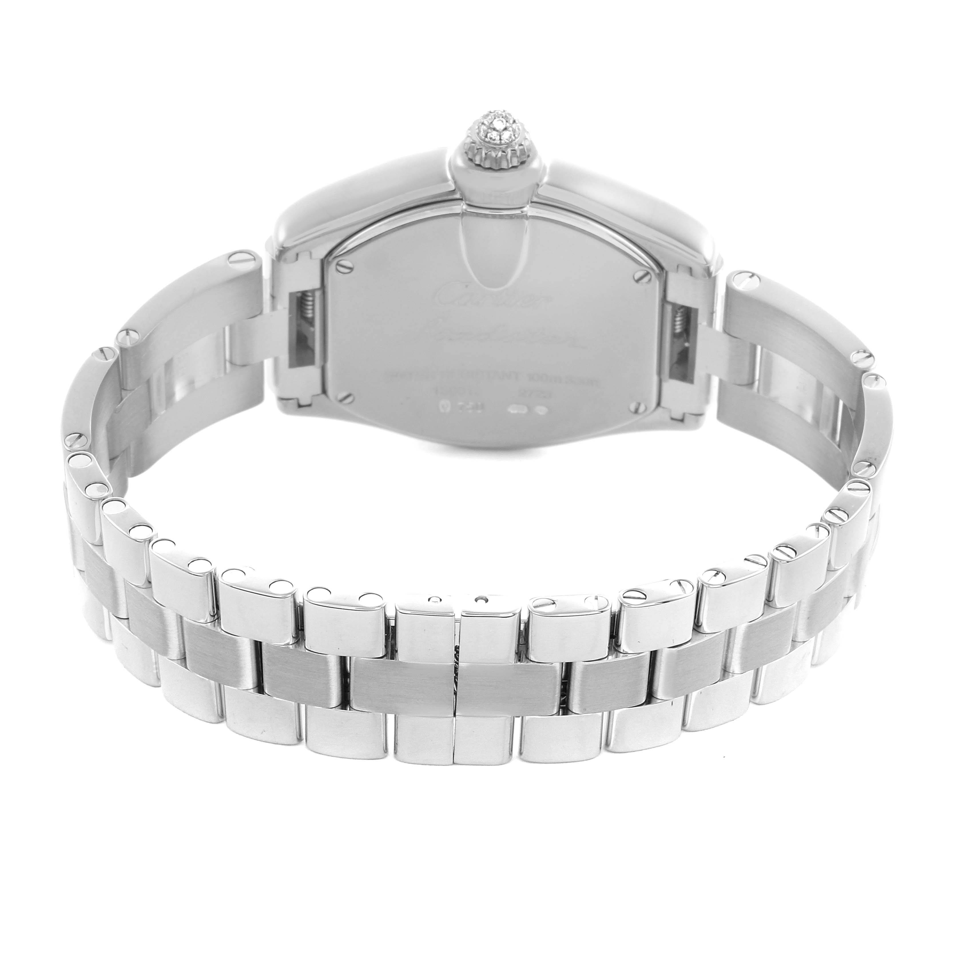 The Cartier Roadster WE5002X2 Women
s White Gold Silver Dial WE5002X2 Women
s White Gold Silver Dial watch is shown from the back, displaying its bracelet and case with a decorative crown.