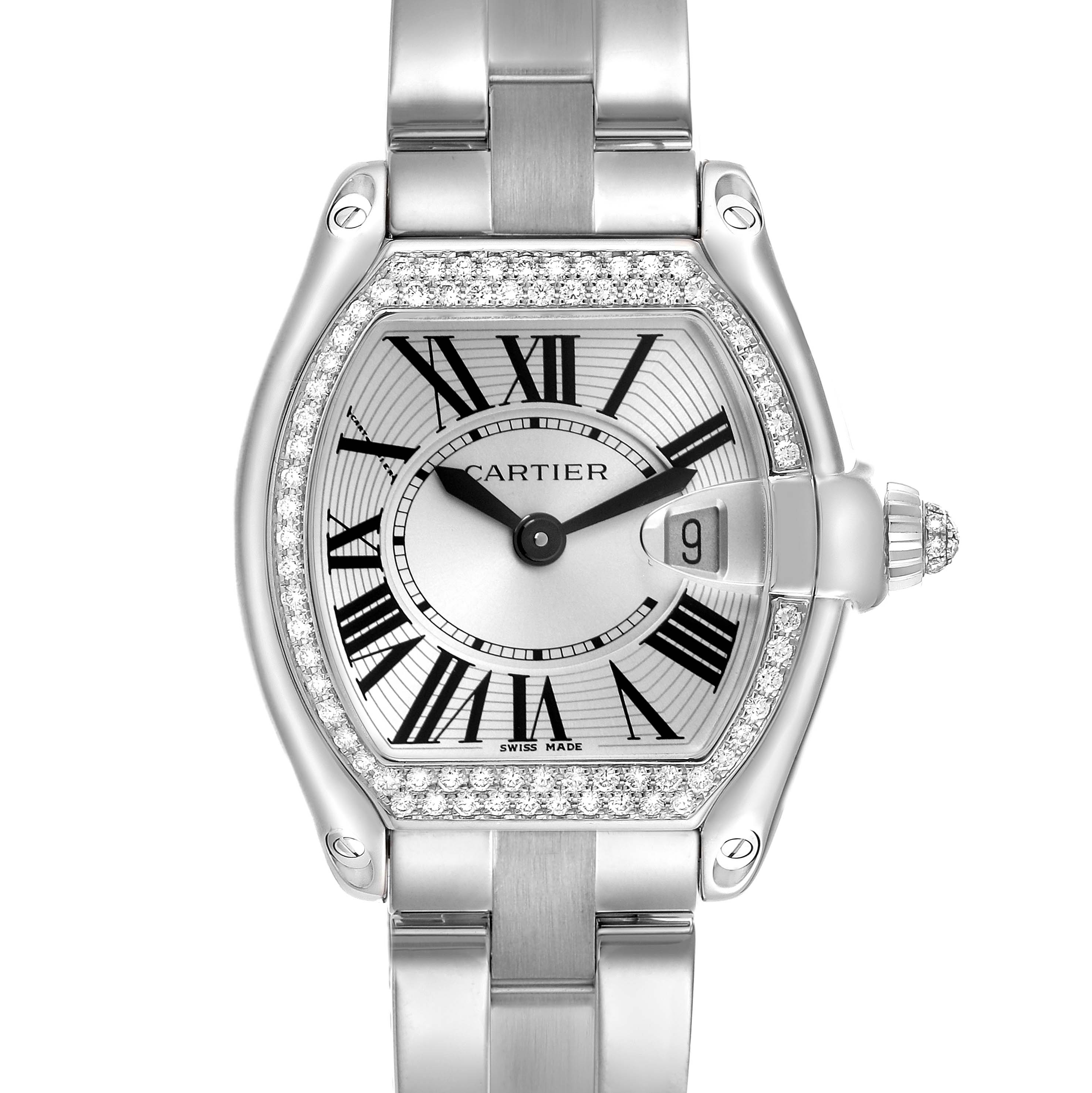 The Cartier Roadster WE5002X2 Women
s White Gold Silver Dial WE5002X2 Women
s White Gold Silver Dial watch is shown from the front, highlighting the face, bezel, bracelet, and crown.