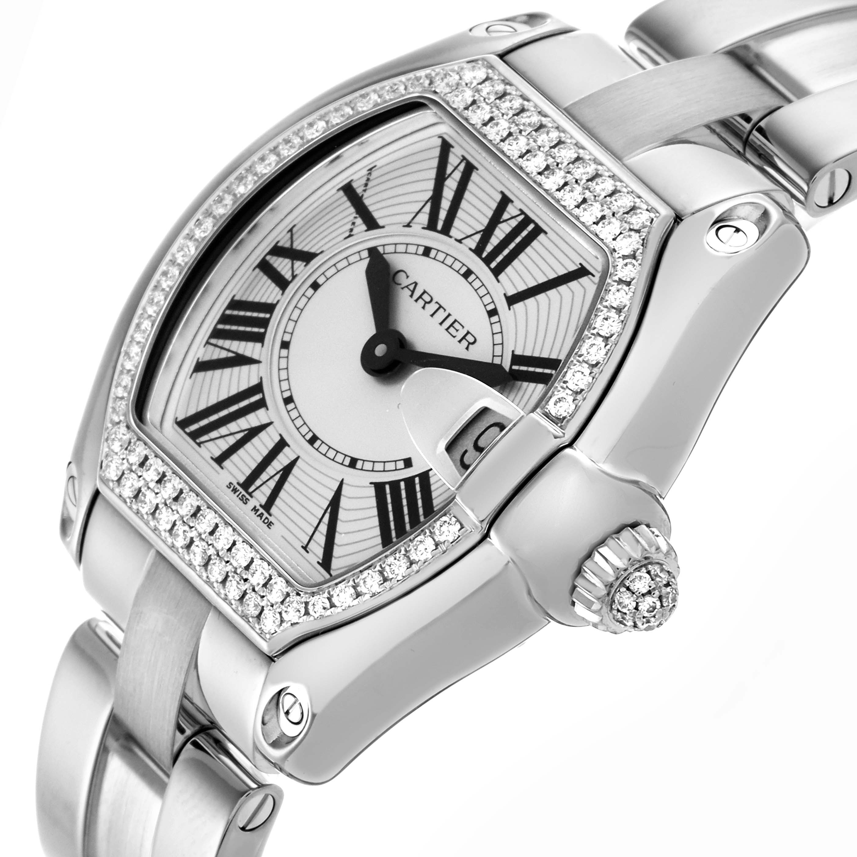The Cartier Roadster WE5002X2 Women
s White Gold Silver Dial WE5002X2 Women
s White Gold Silver Dial watch is shown from an angled perspective, displaying the face, bezel, and crown with gemstone detailing.