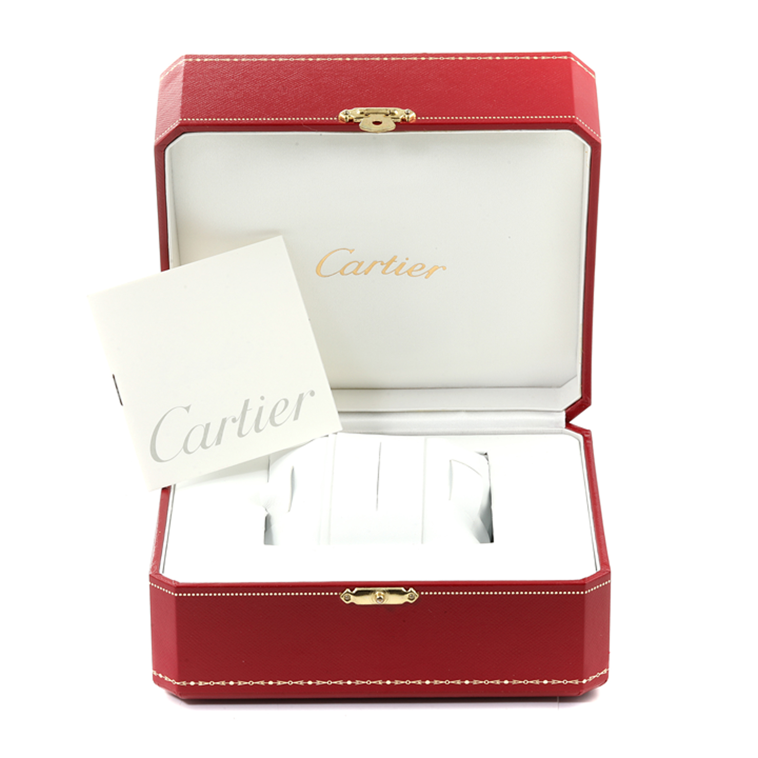This image shows an open red Cartier box for the Roadster model watch, displaying the interior and a Cartier booklet.