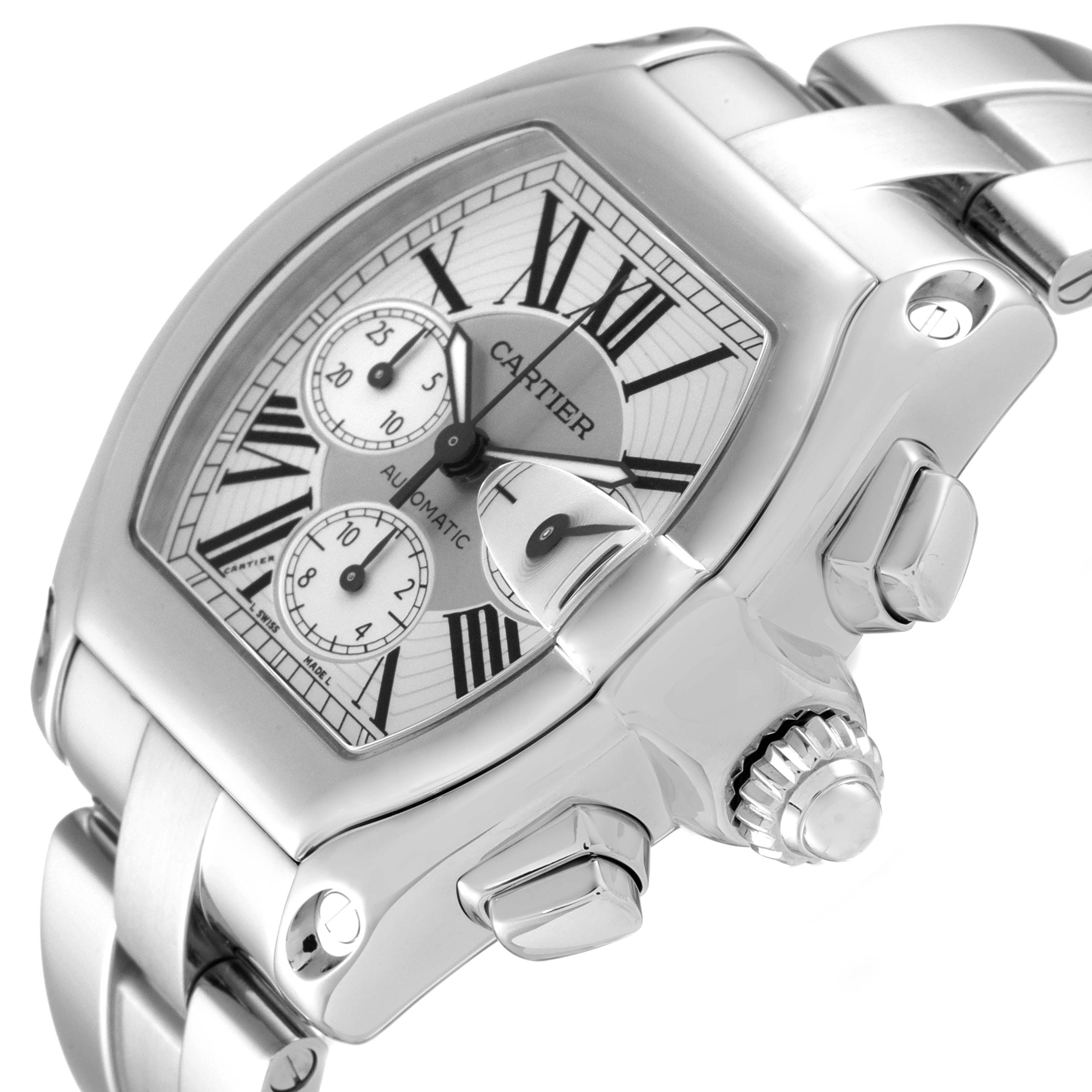 The Cartier Roadster W62019X6 Men
s Stainless Steel Silver Dial W62019X6 Men
s Stainless Steel Silver Dial watch is shown from a high angle, featuring the dial, crown, and part of the bracelet.