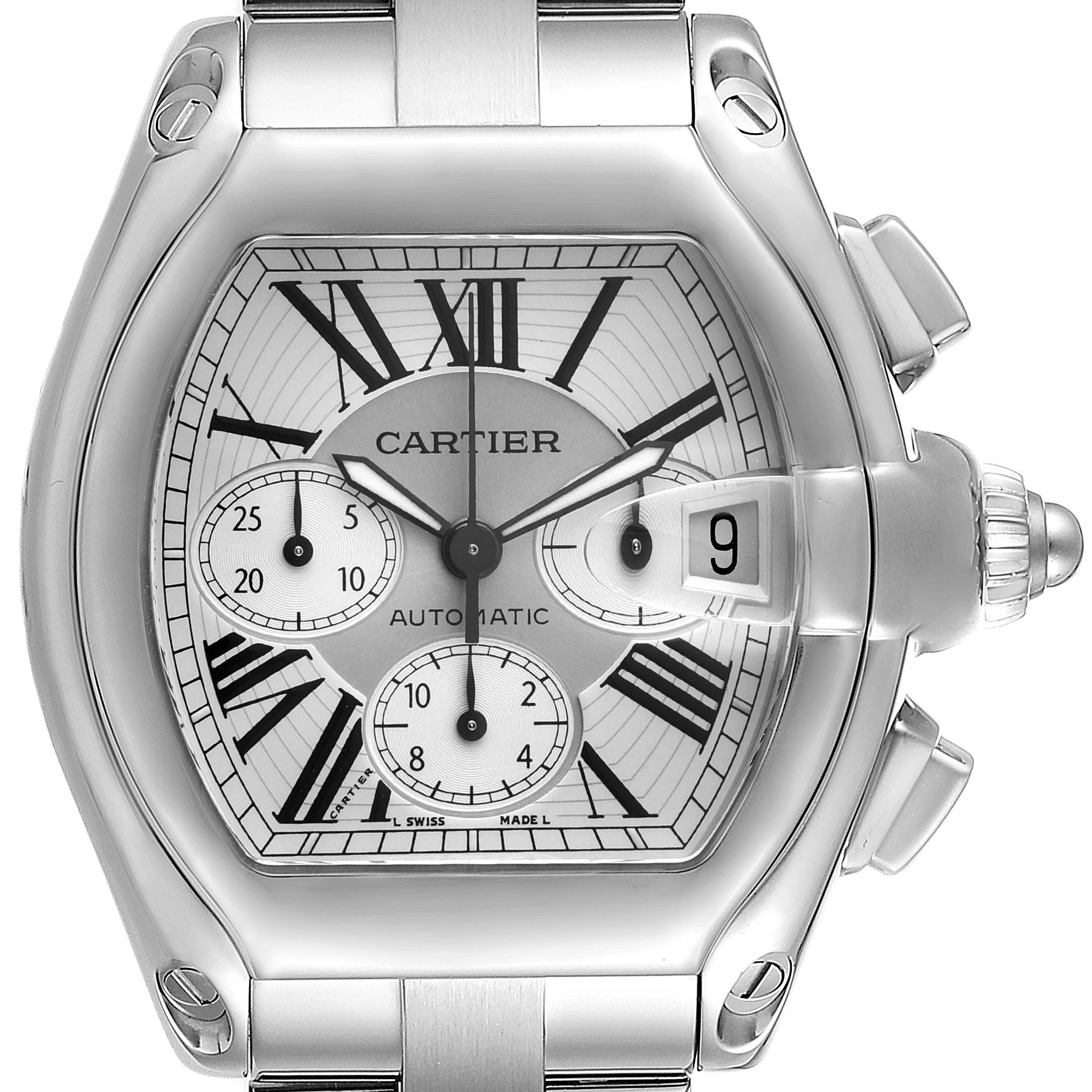 The image shows a frontal view of the Cartier Roadster W62019X6 Men
s Stainless Steel Silver Dial W62019X6 Men
s Stainless Steel Silver Dial watch, highlighting the dial, subdials, date, and crown.