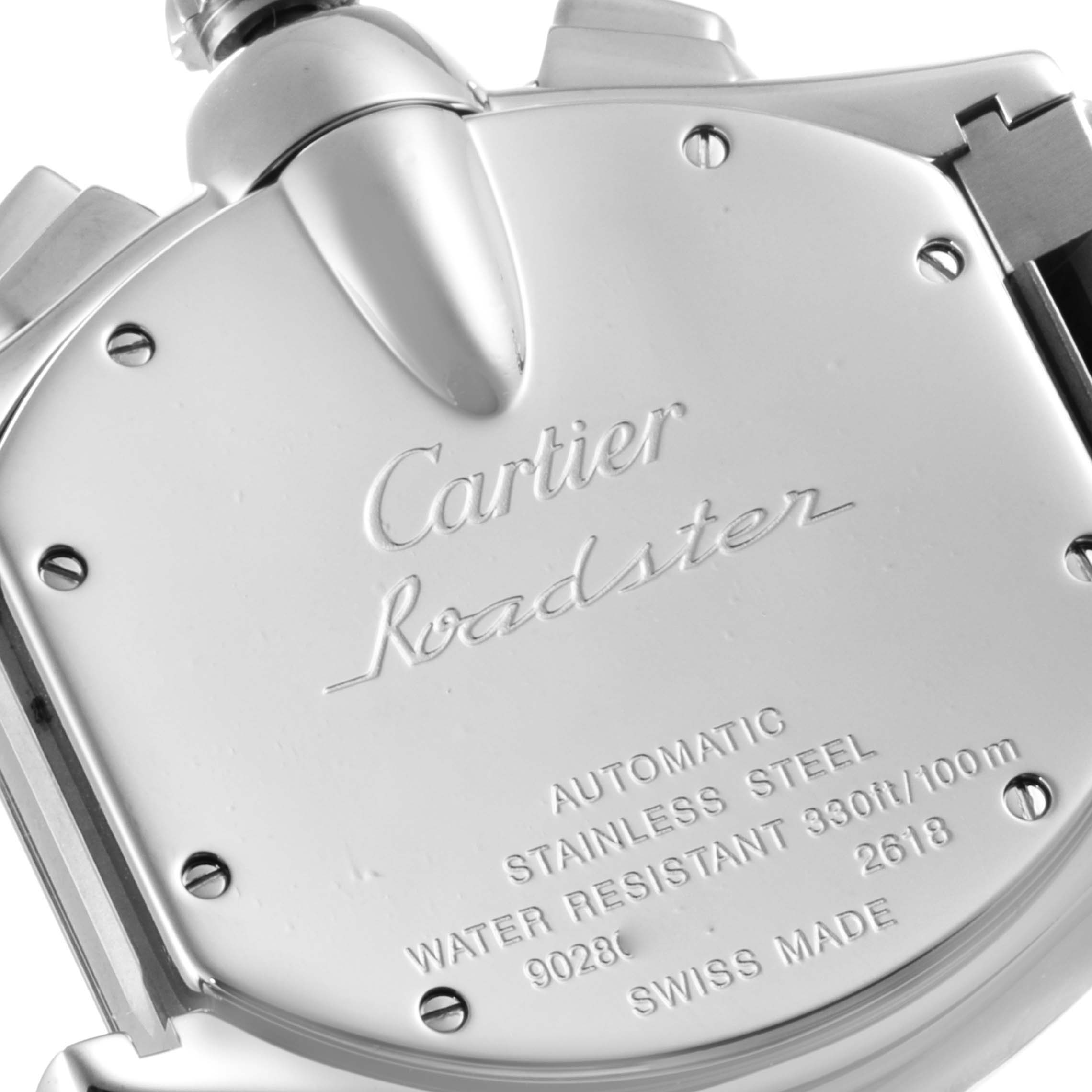 The image shows the engraved case back of a Cartier Roadster W62019X6 Men
s Stainless Steel Silver Dial W62019X6 Men
s Stainless Steel Silver Dial watch, detailing specifications such as material and water resistance.