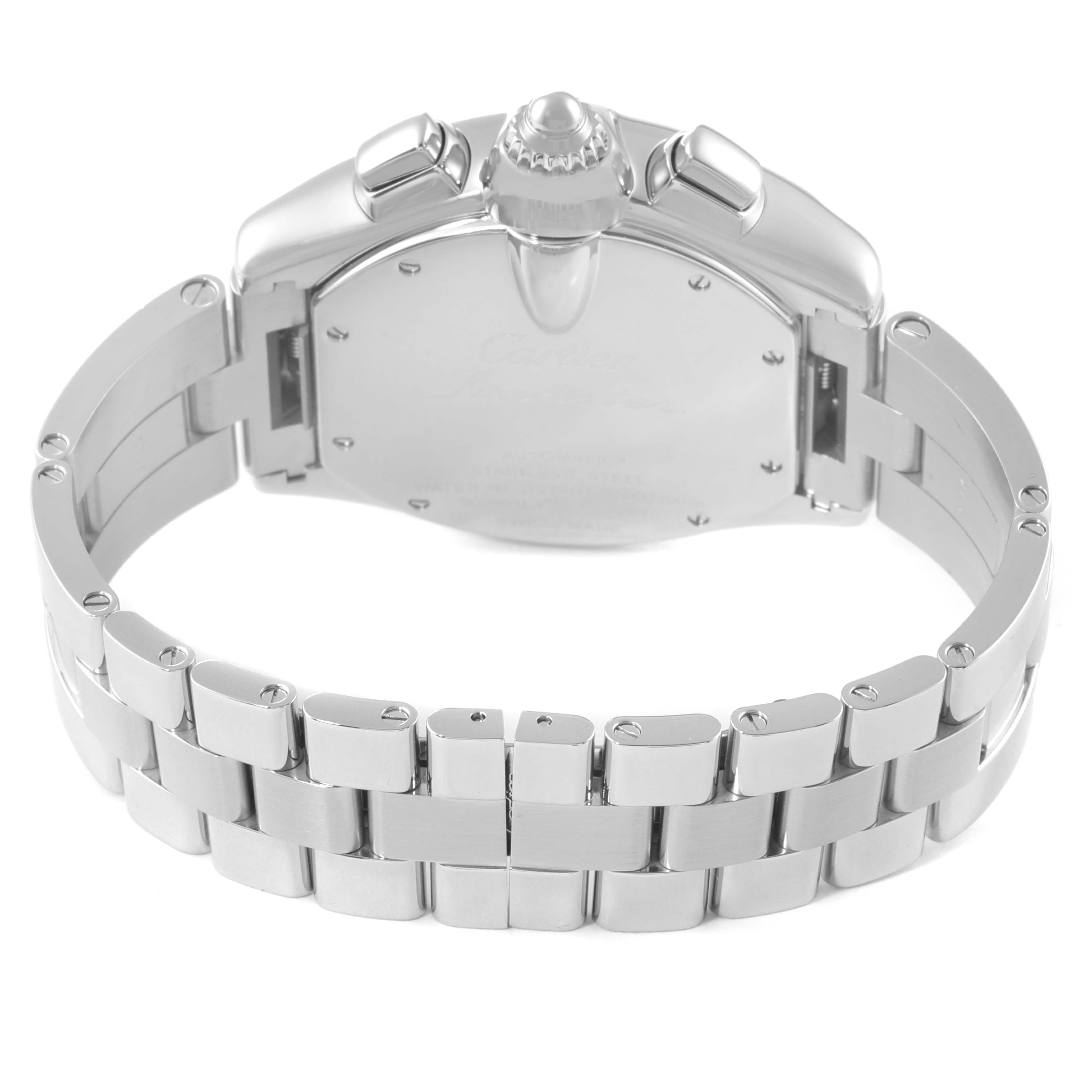 This image shows the back and bracelet of the Cartier Roadster W62019X6 Men
s Stainless Steel Silver Dial W62019X6 Men
s Stainless Steel Silver Dial watch, focusing on the clasp and links.