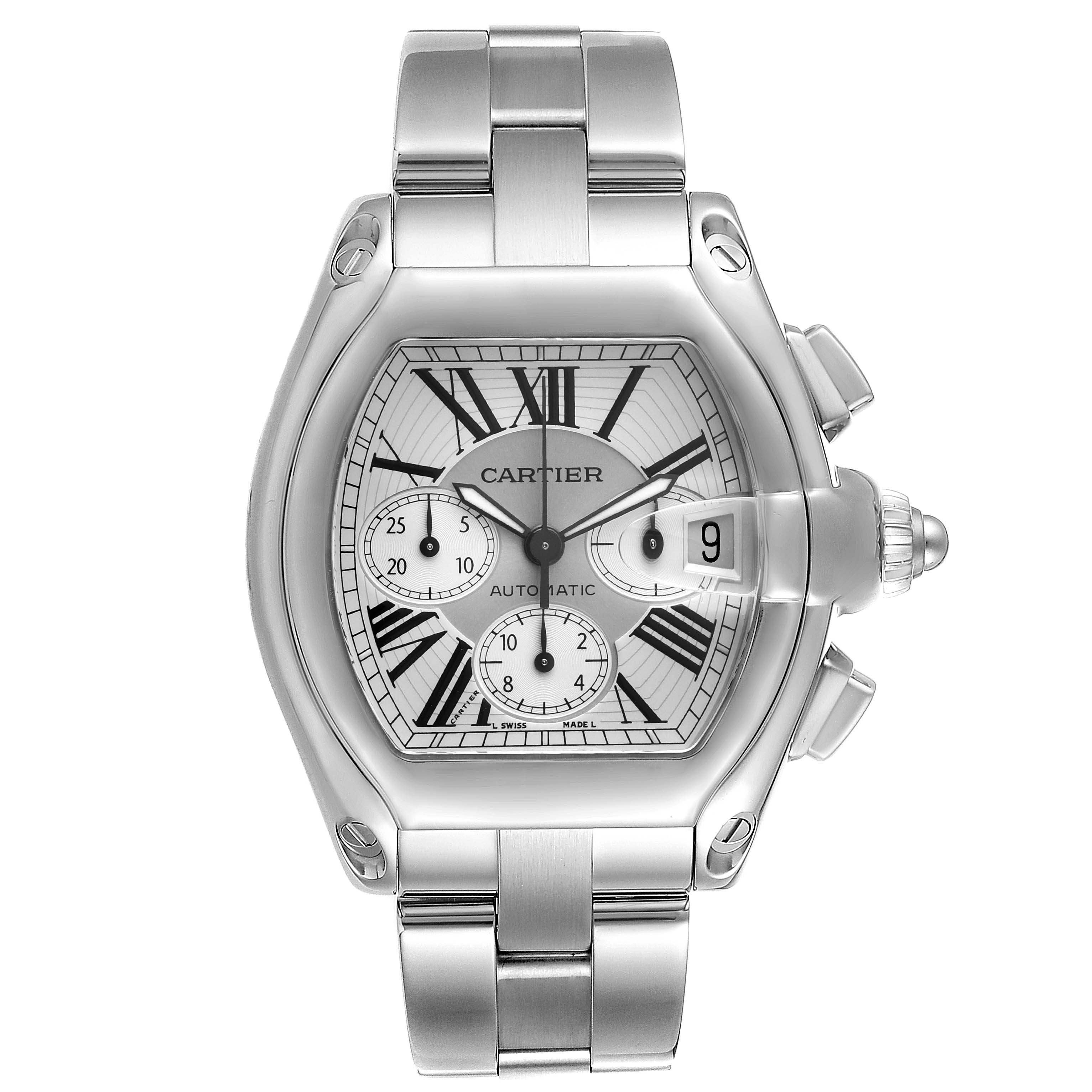 This image shows a front view of the Cartier Roadster W62019X6 Men
s Stainless Steel Silver Dial W62019X6 Men
s Stainless Steel Silver Dial watch, including the dial, bracelet, and crown.