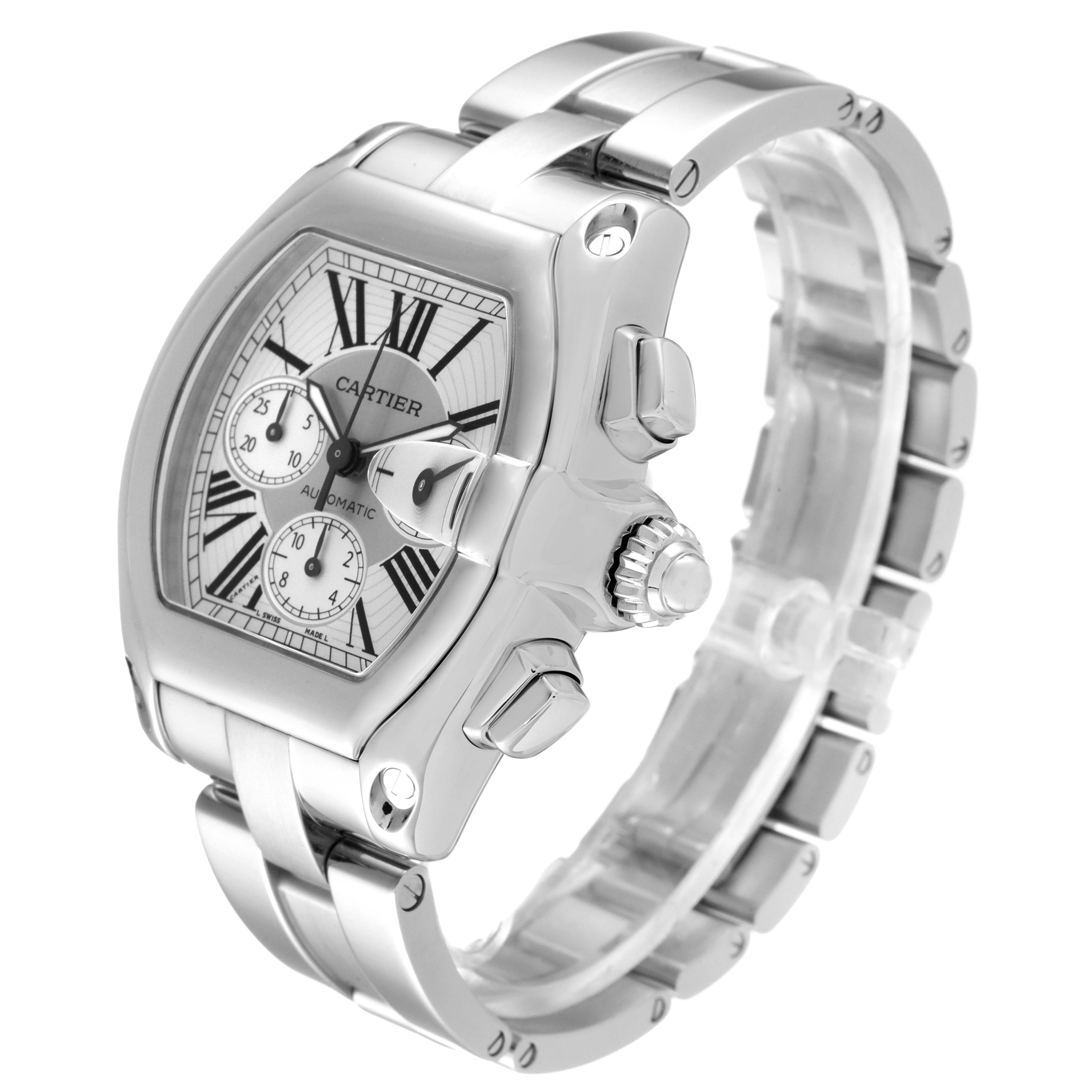 The image shows a Cartier Roadster W62019X6 Men
s Stainless Steel Silver Dial W62019X6 Men
s Stainless Steel Silver Dial watch at a three-quarter angle, highlighting the dial, crown, and stainless steel bracelet.