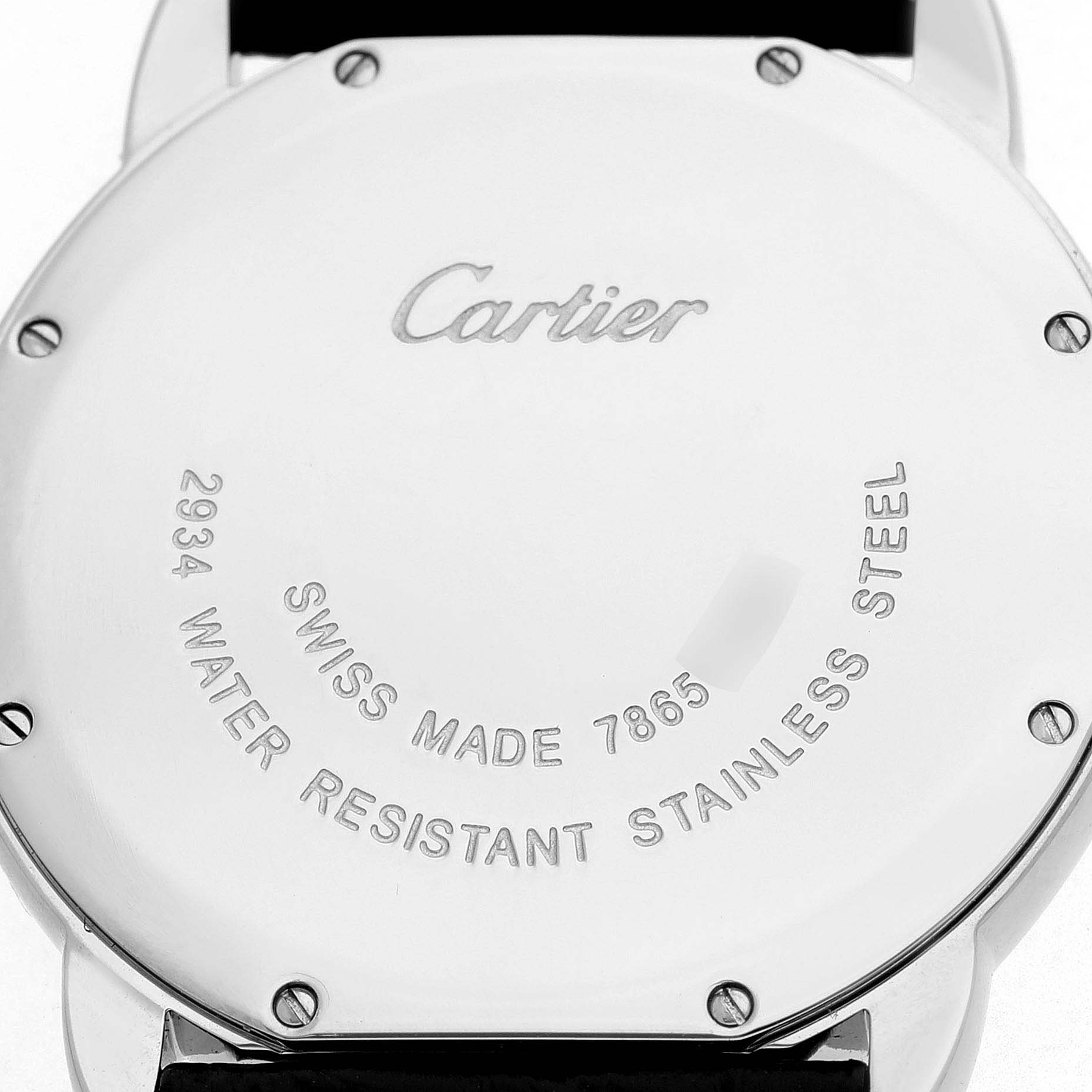 The image shows the back of a Cartier Ronde W6700255 Men's Stainless Steel Silver Dial watch, featuring engraved brand and model details.