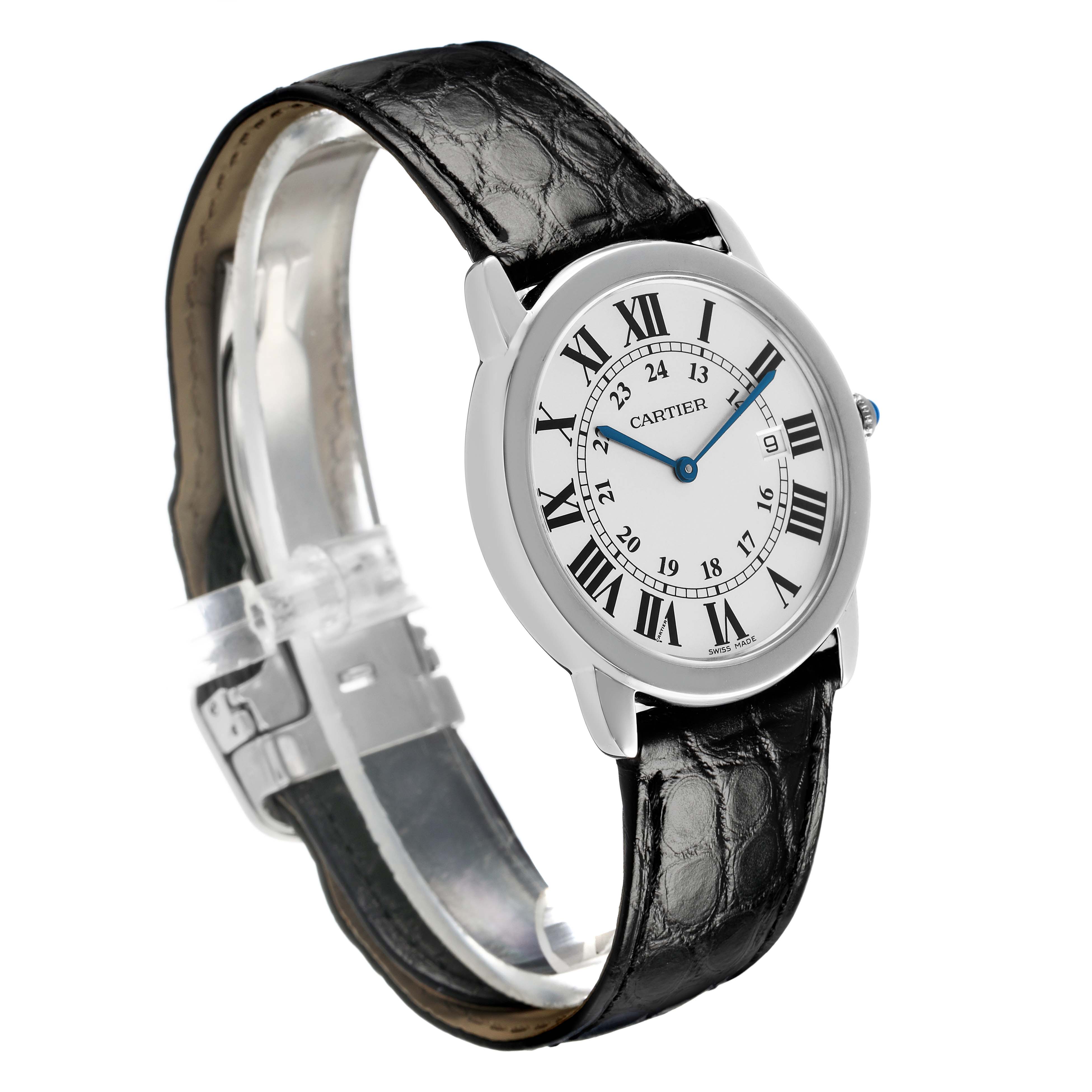 The Cartier Ronde W6700255 Men's Stainless Steel Silver Dial watch is shown at a side angle, showcasing its circular face, Roman numerals, and black leather strap.