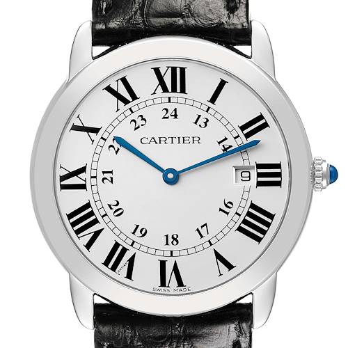 The Cartier Ronde W6700255 Men's Stainless Steel Silver Dial watch is shown from the front, displaying its dial, hands, Roman numerals, and date window.