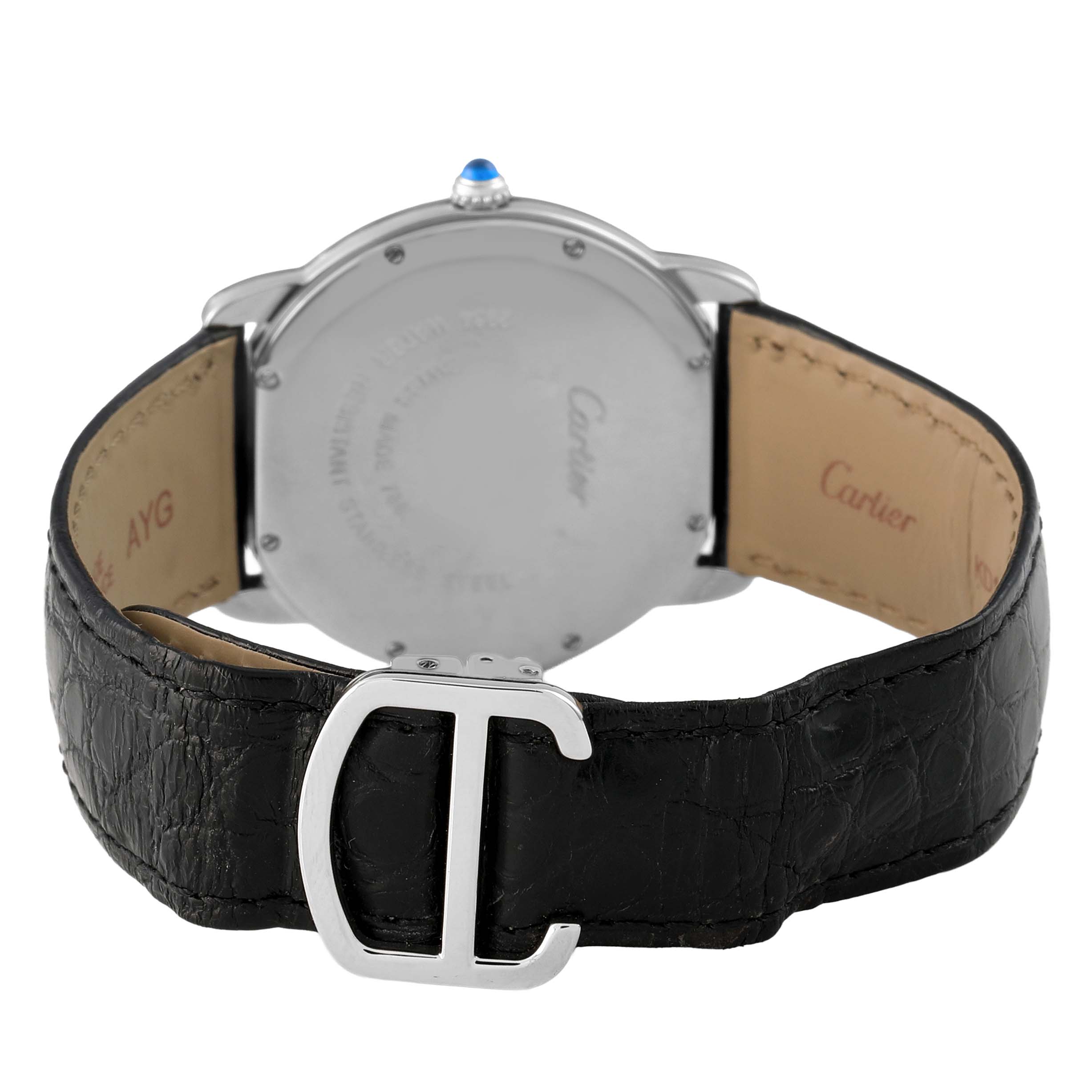 The image shows the back view of a Cartier Ronde W6700255 Men's Stainless Steel Silver Dial watch with a leather strap and decorative clasp.