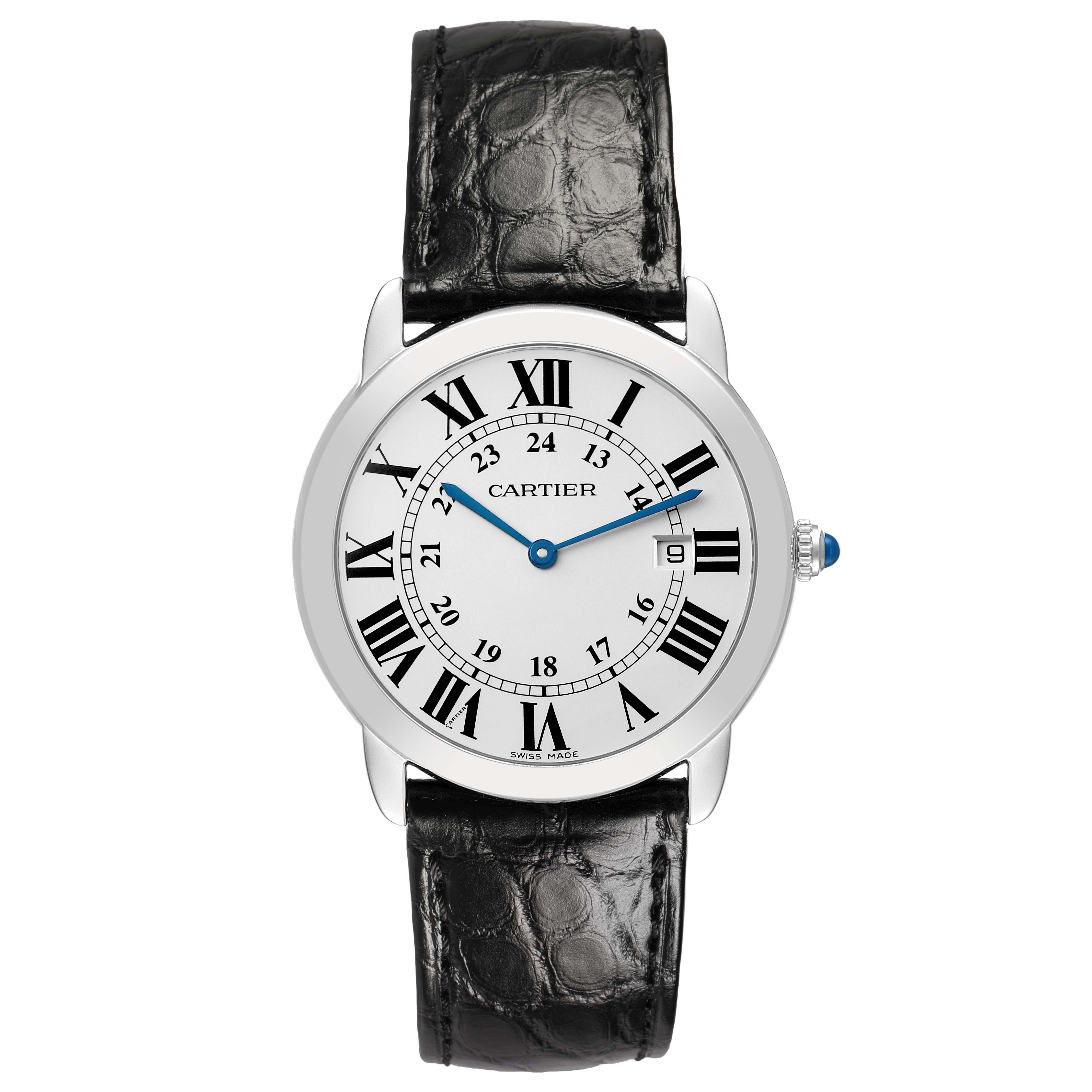 This image shows a Cartier Ronde W6700255 Men's Stainless Steel Silver Dial watch from a top-down angle, highlighting its face, Roman numerals, and black leather strap.