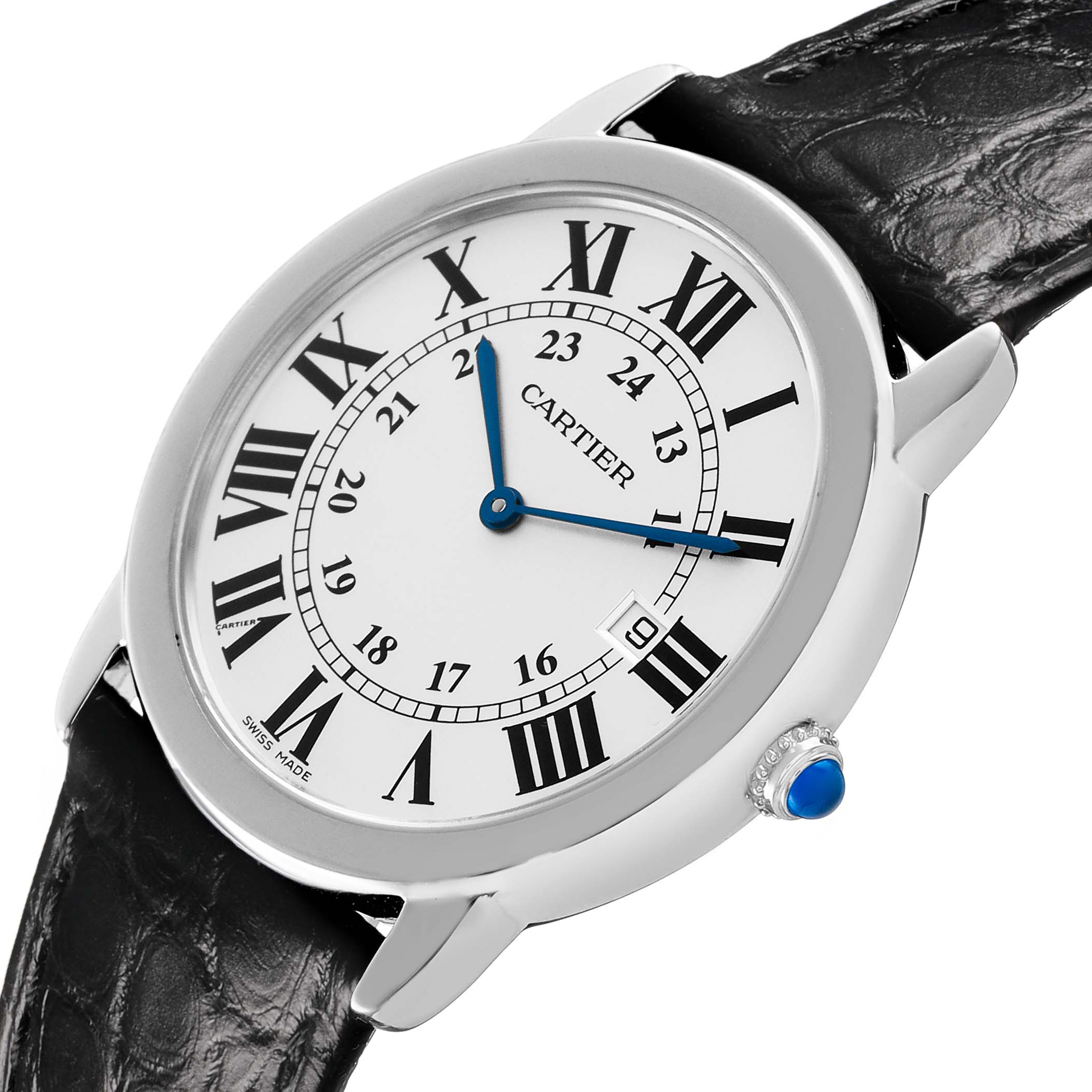The Cartier Ronde W6700255 Men's Stainless Steel Silver Dial watch is shown at an angled view, displaying the dial with Roman numerals, black leather strap, and blue gem on the crown.